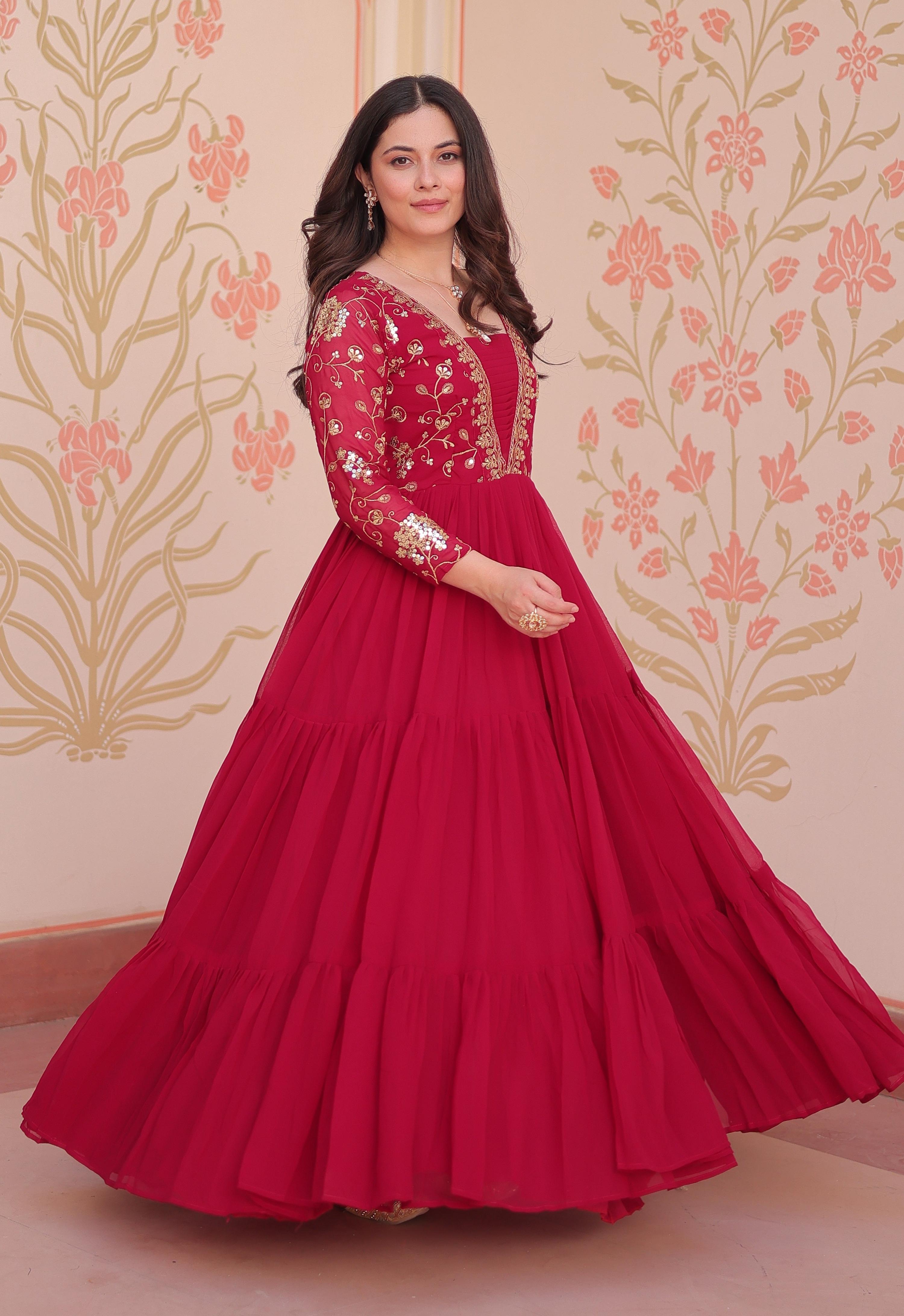 Vedant Vastram Georgette Embroidery & Sequence Work Stitched Ethnic Gown-Pink - Distacart