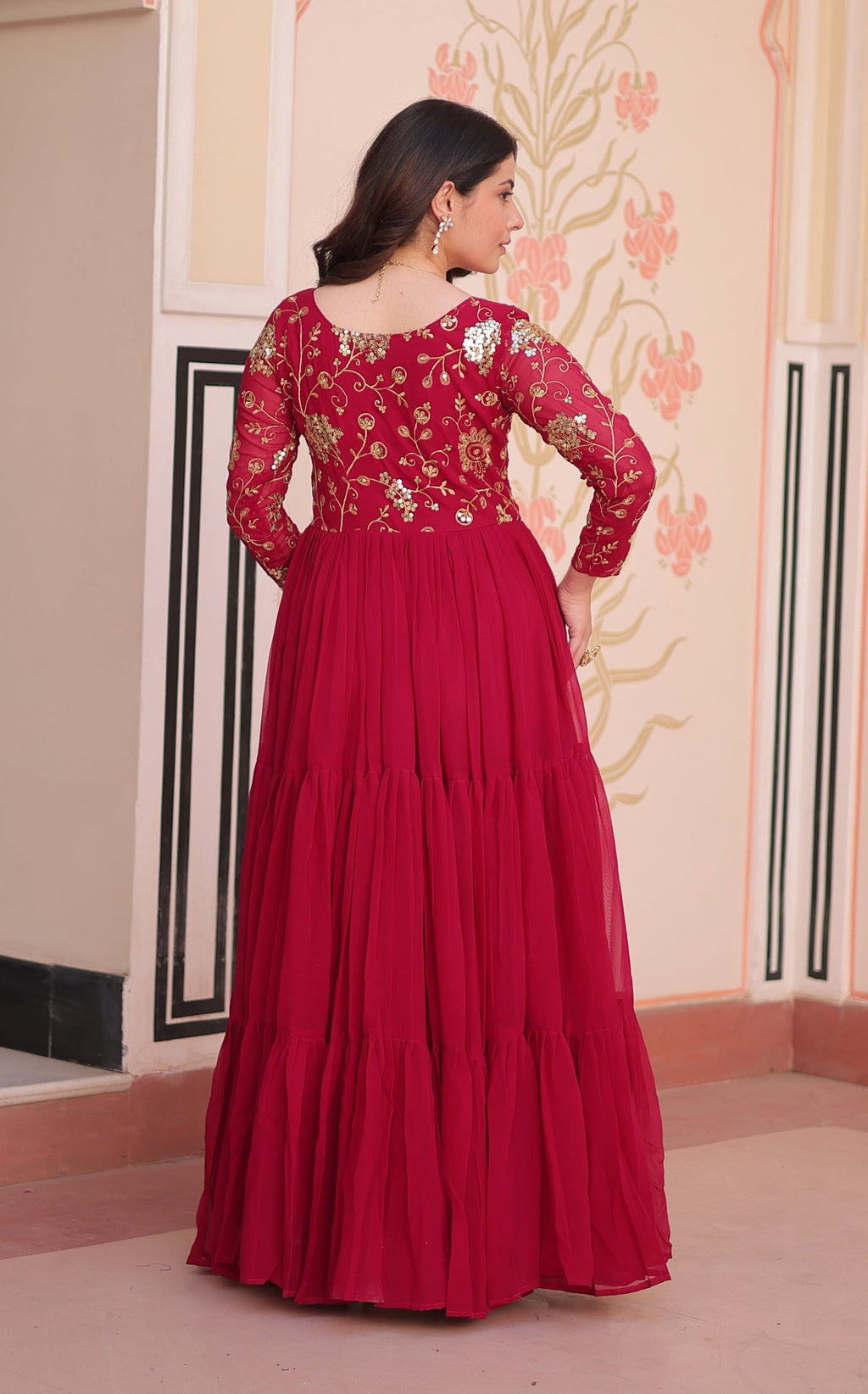 Vedant Vastram Georgette Embroidery & Sequence Work Stitched Ethnic Gown-Pink - Distacart