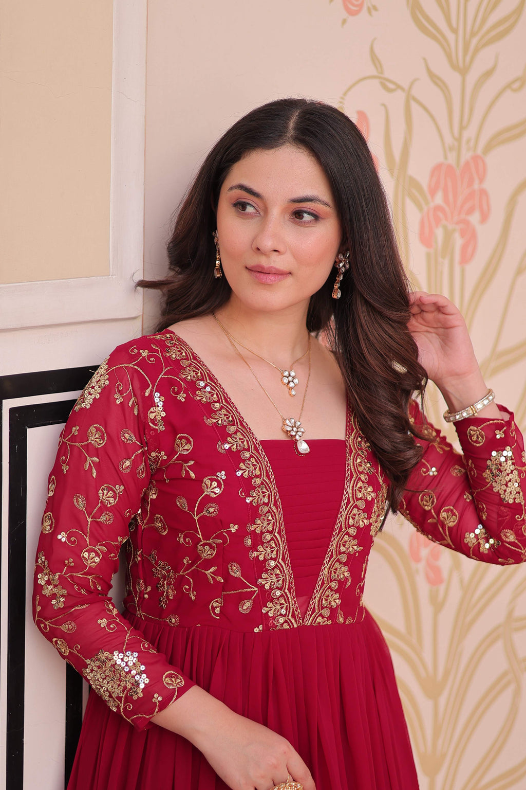 Vedant Vastram Georgette Embroidery & Sequence Work Stitched Ethnic Gown-Pink - Distacart