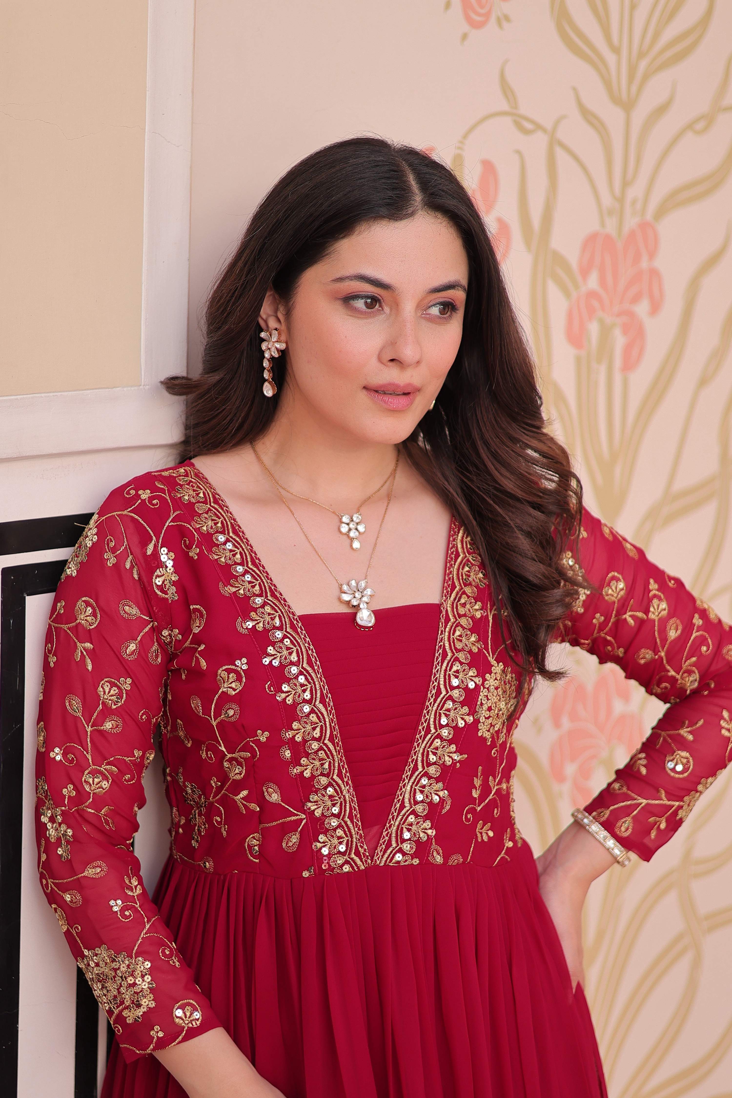 Vedant Vastram Georgette Embroidery & Sequence Work Stitched Ethnic Gown-Pink - Distacart