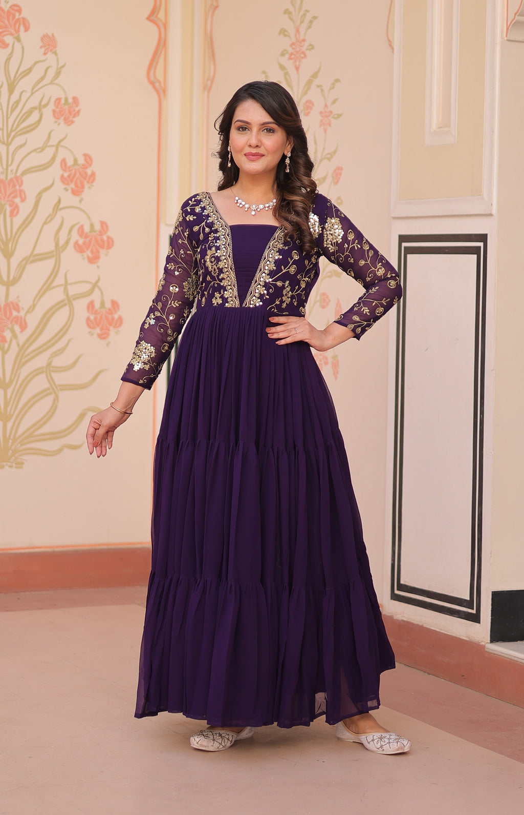 Vedant Vastram Georgette Embroidery & Sequence Work Stitched Ethnic Gown-Purple