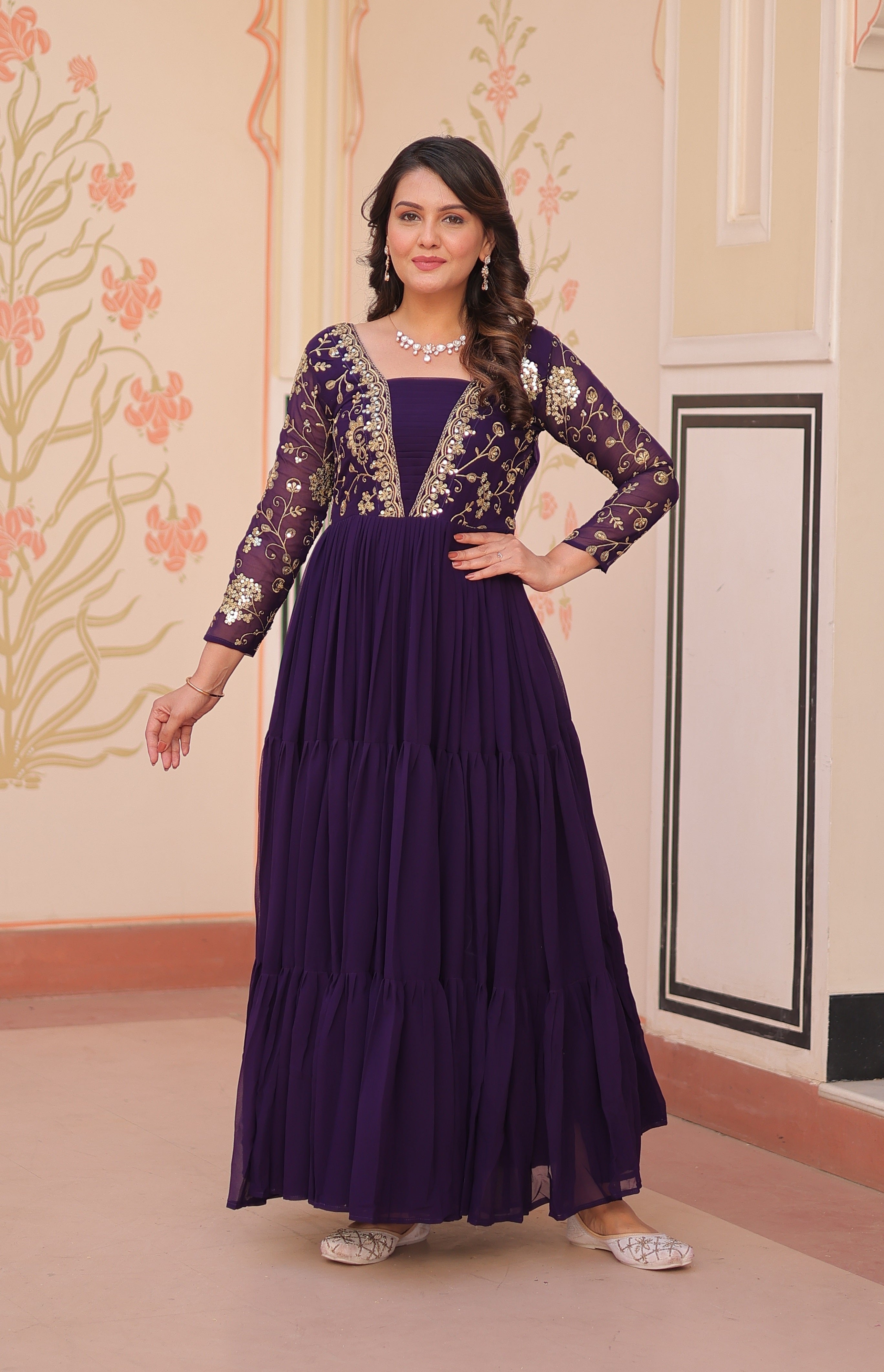 Vedant Vastram Georgette Embroidery & Sequence Work Stitched Ethnic Gown-Purple