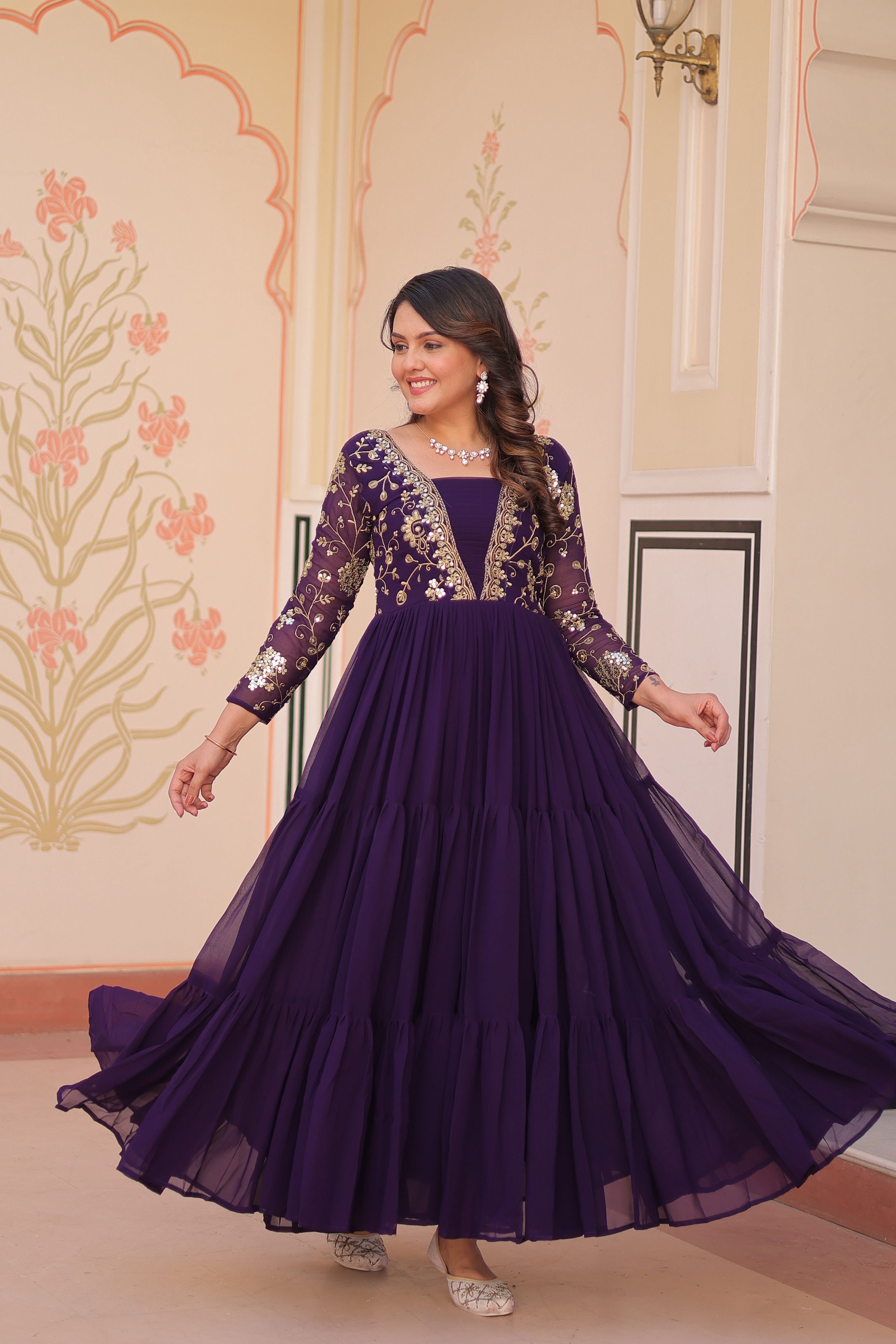 Vedant Vastram Georgette Embroidery & Sequence Work Stitched Ethnic Gown-Purple
