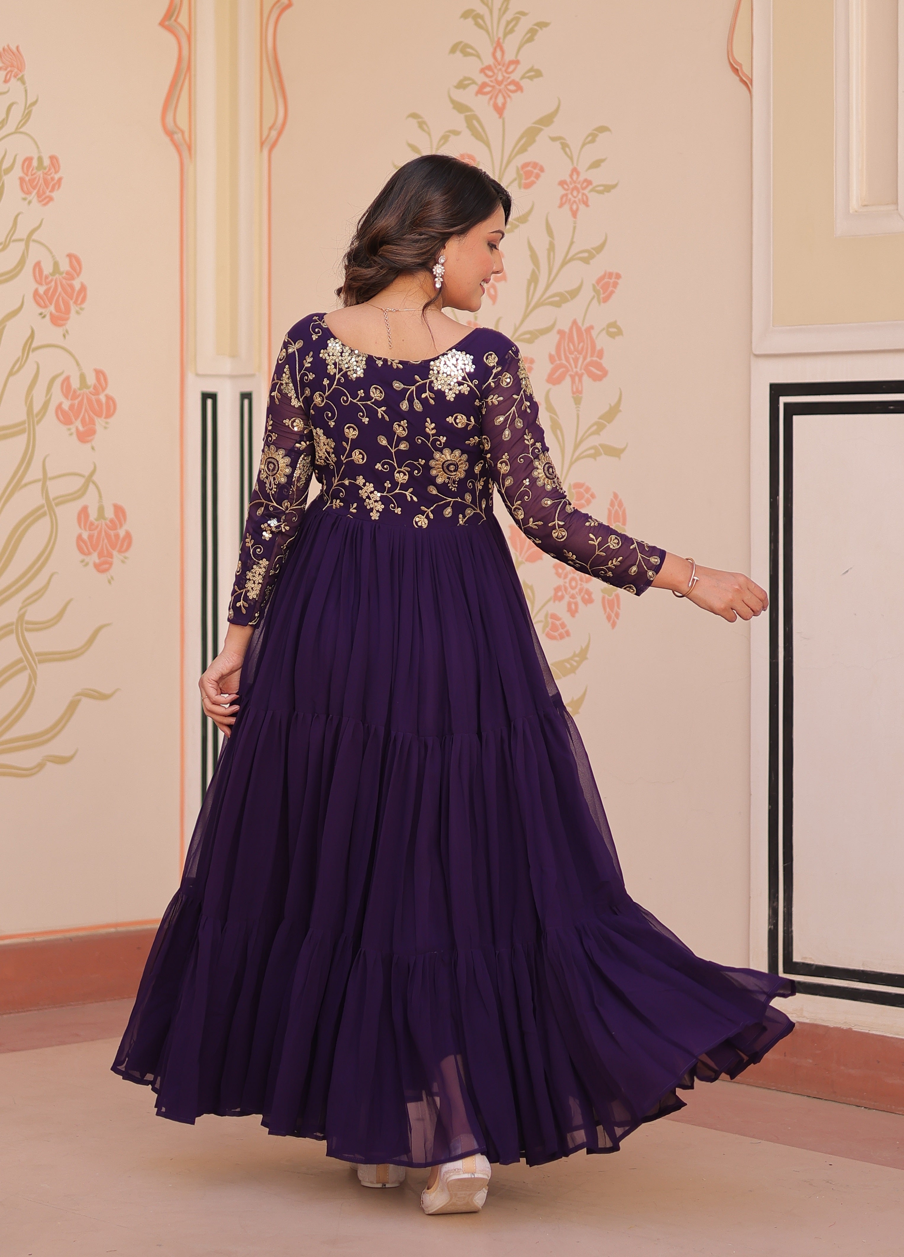 Vedant Vastram Georgette Embroidery & Sequence Work Stitched Ethnic Gown-Purple