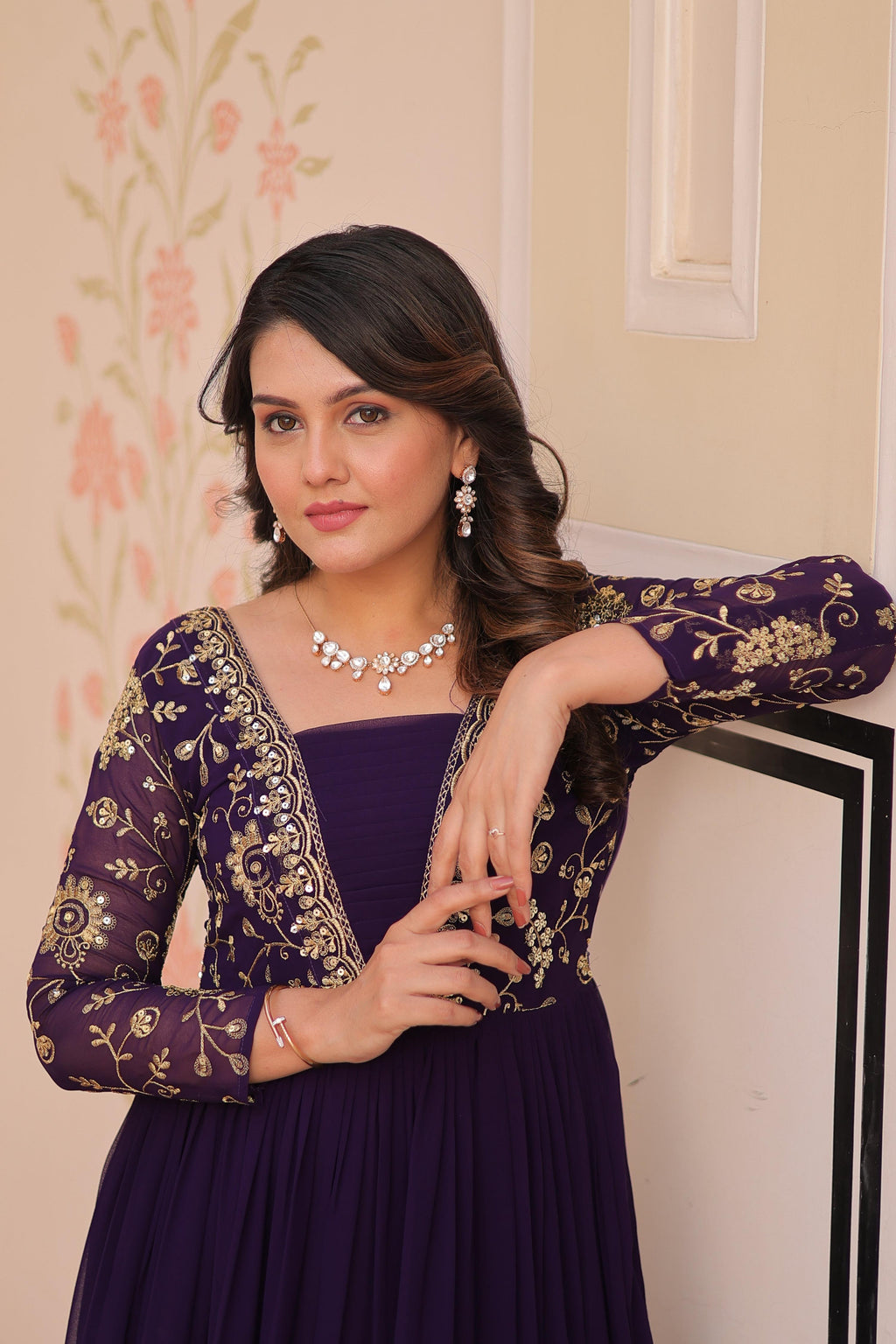 Vedant Vastram Georgette Embroidery & Sequence Work Stitched Ethnic Gown-Purple
