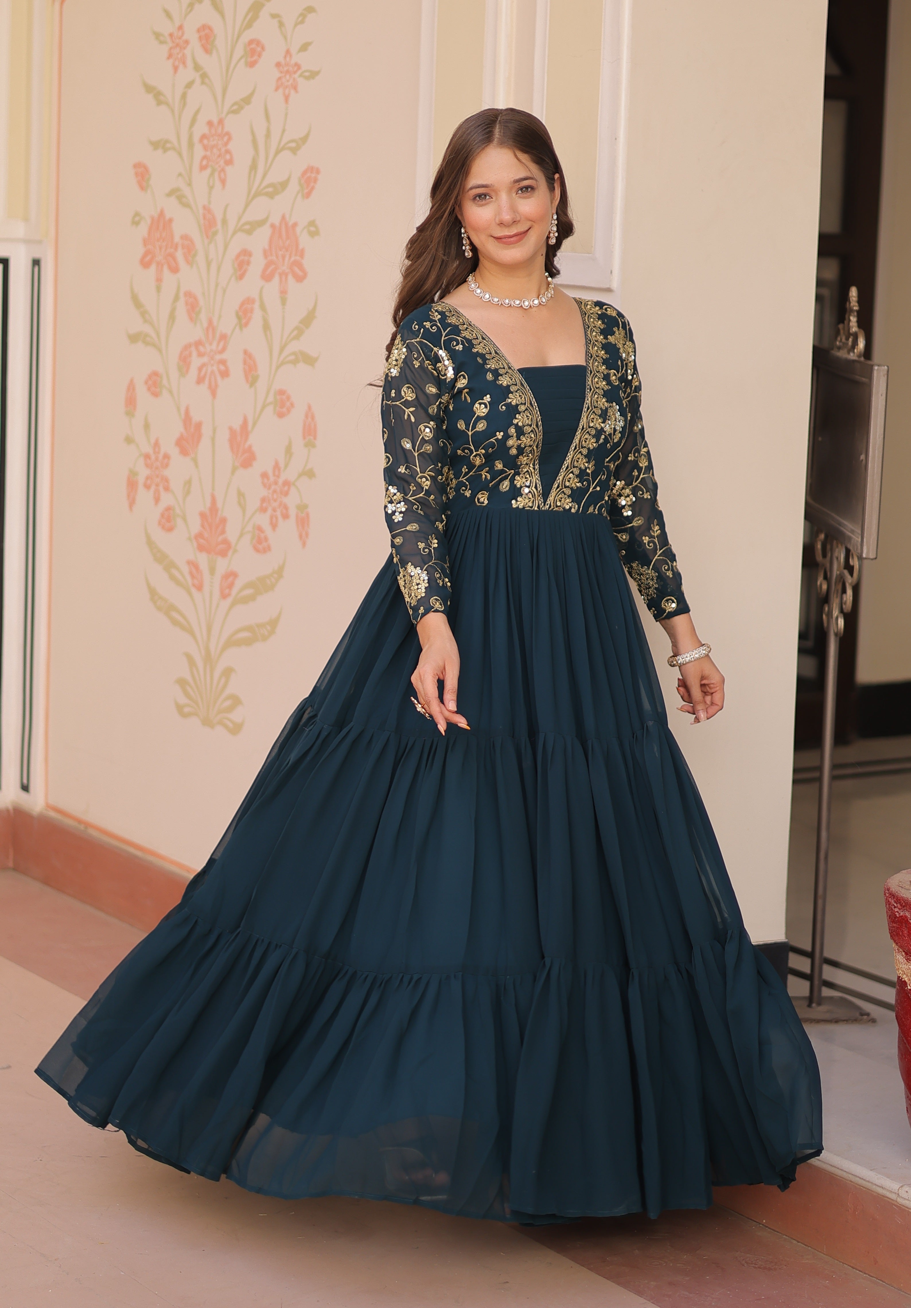 Vedant Vastram Georgette Embroidery & Sequence Work Stitched Ethnic Gown-Rama - Distacart