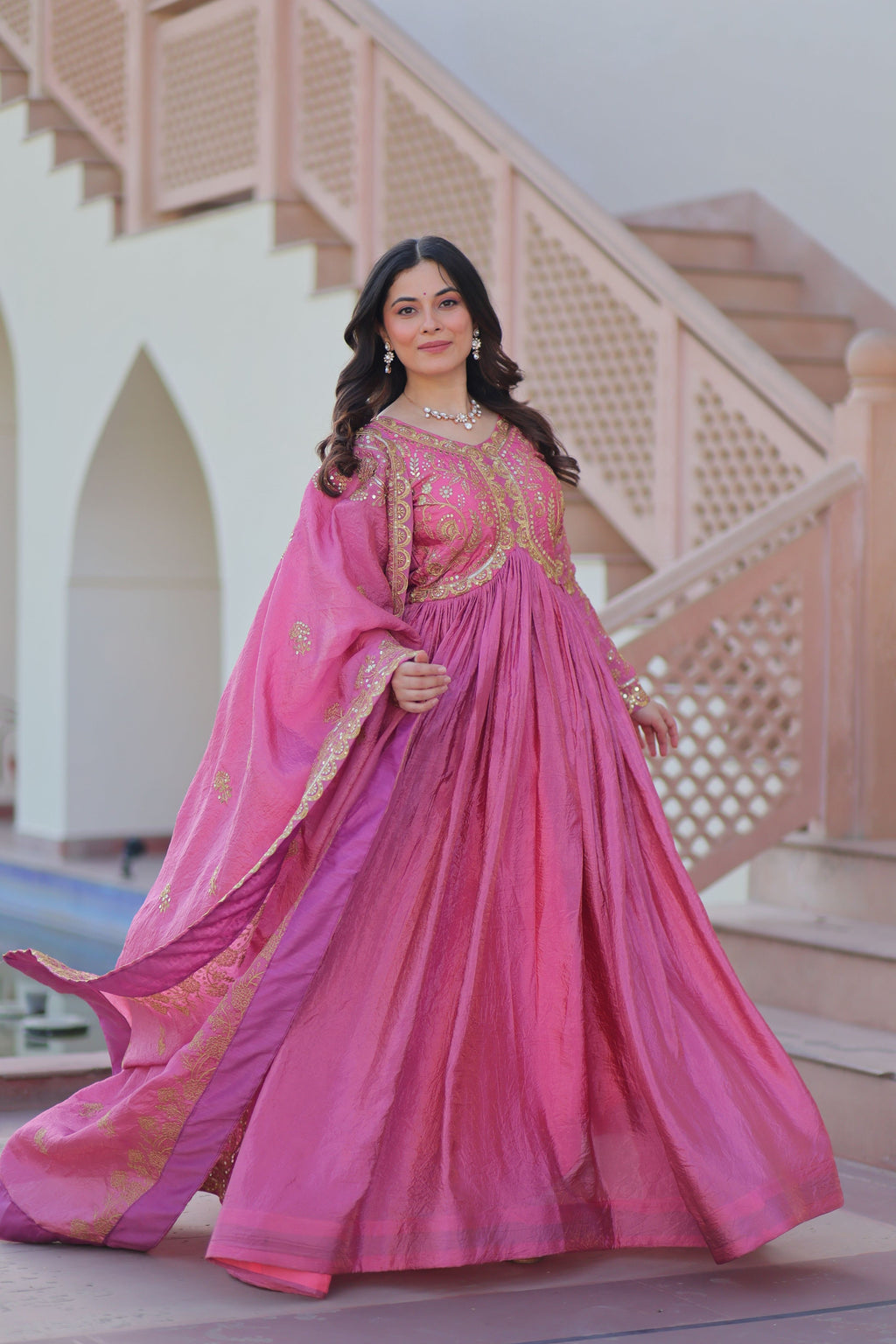 Vedant Vastram Russian Silk Embroidery & Sequence Work Stitched Ethnic Gown-Pink