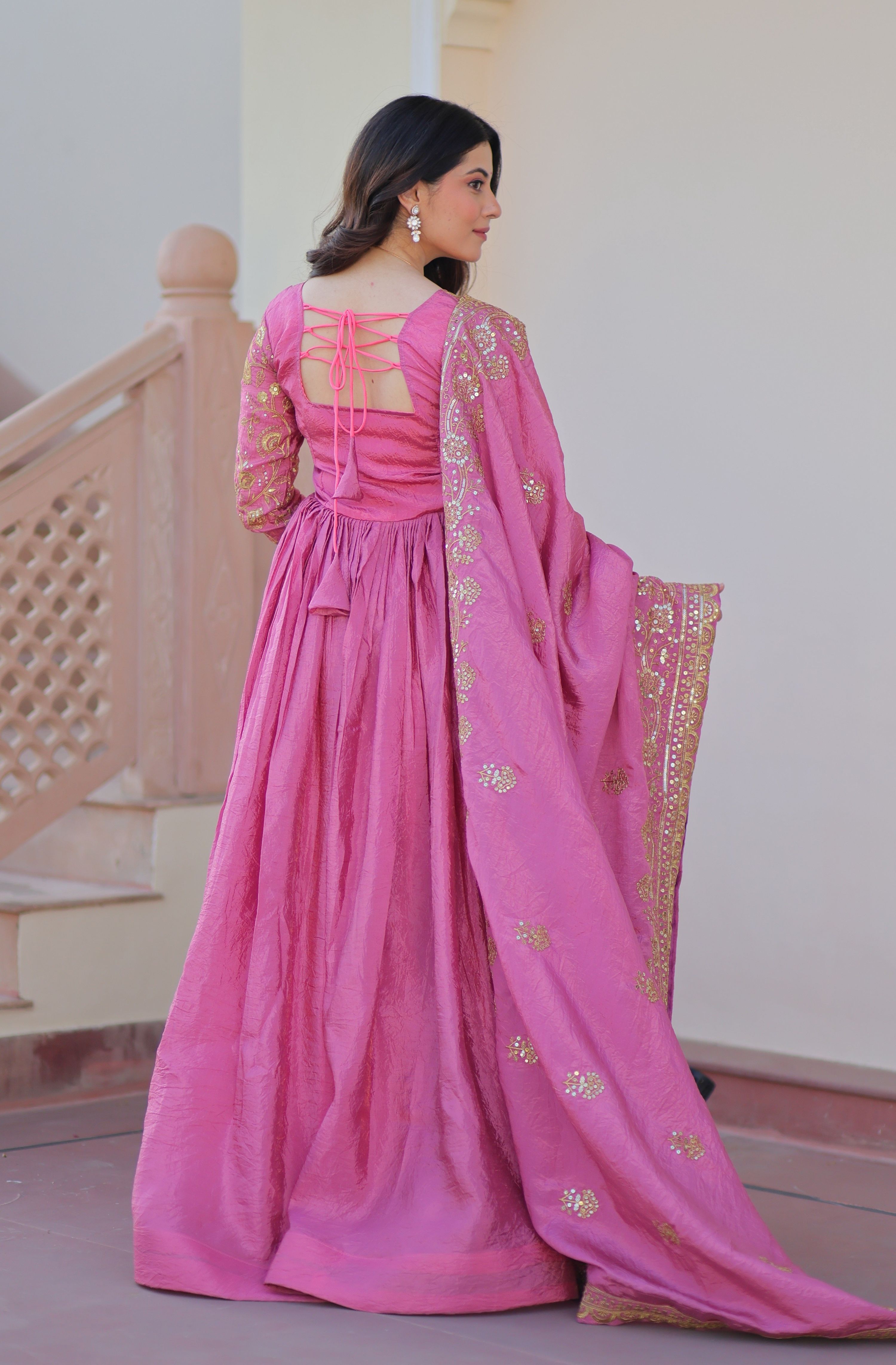 Vedant Vastram Russian Silk Embroidery & Sequence Work Stitched Ethnic Gown-Pink