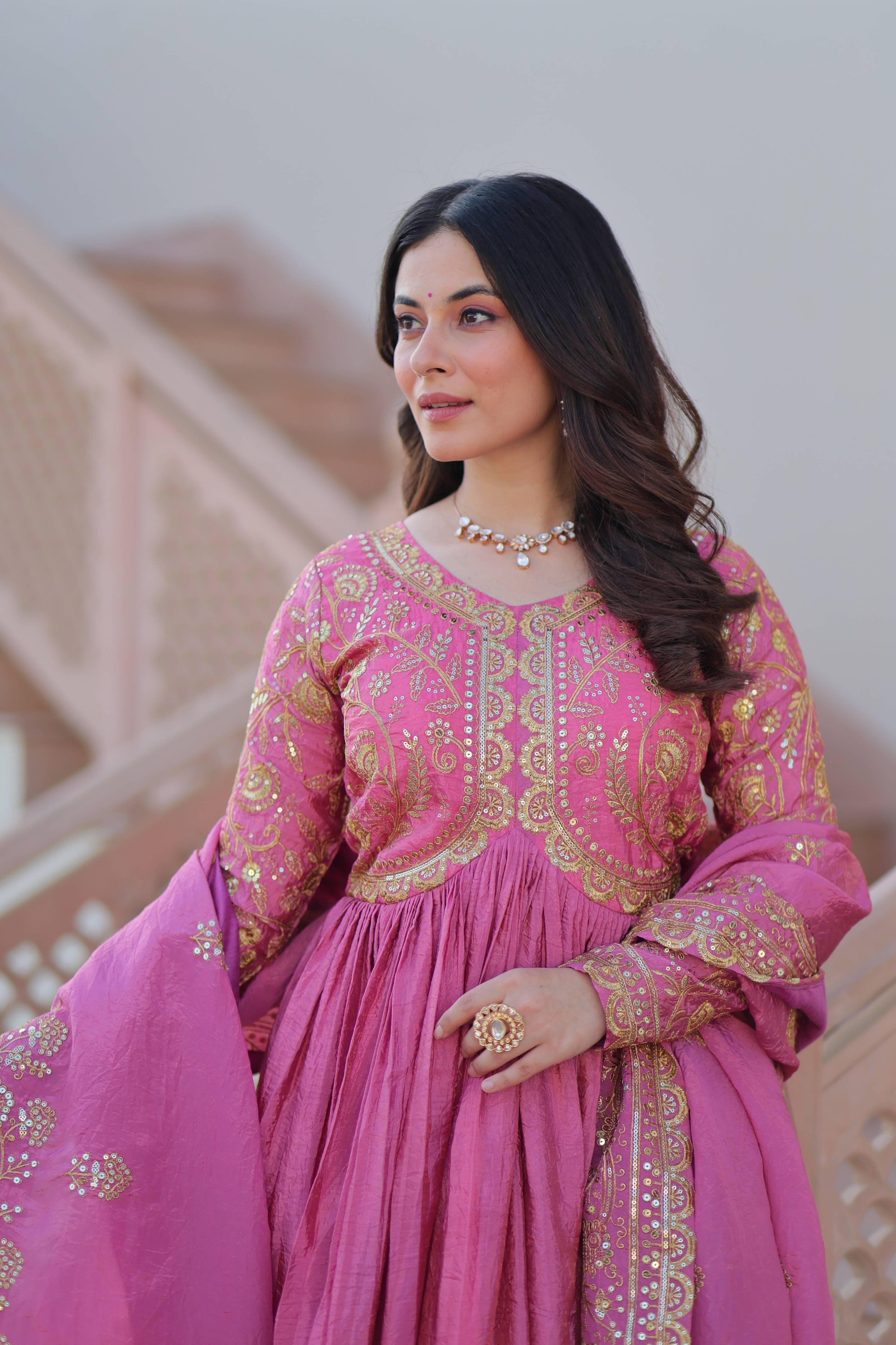Vedant Vastram Russian Silk Embroidery & Sequence Work Stitched Ethnic Gown-Pink