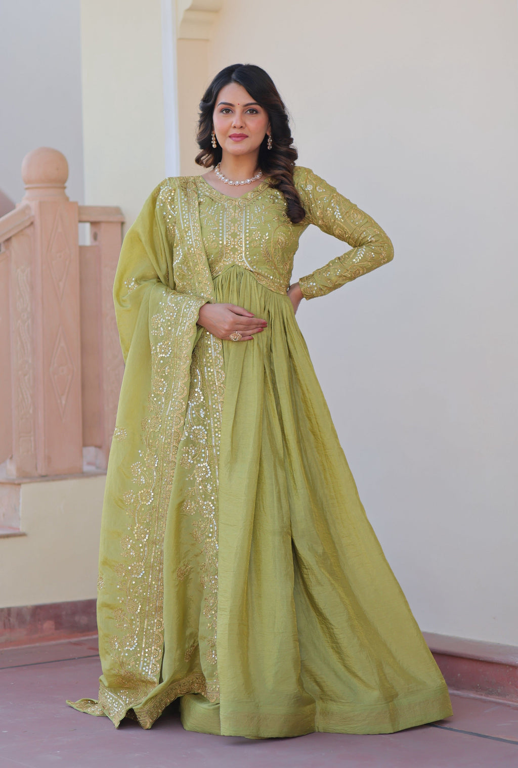 Vedant Vastram Russian Silk Embroidery & Sequence Work Stitched Ethnic Gown-Pista - Distacart