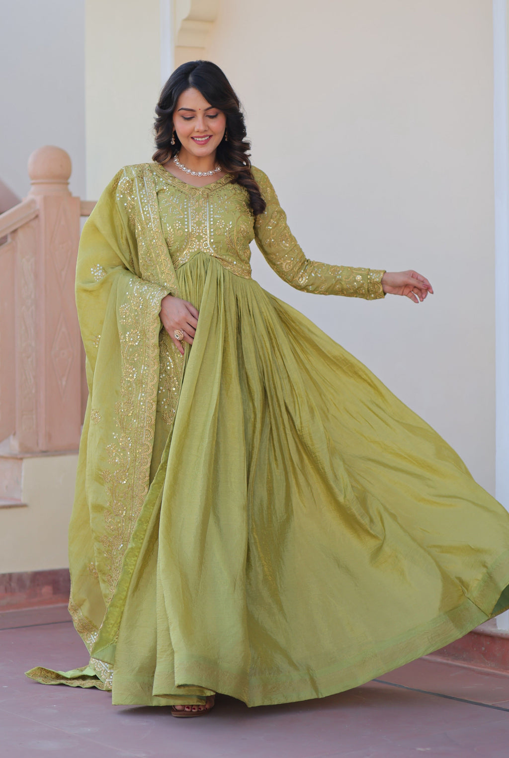 Vedant Vastram Russian Silk Embroidery & Sequence Work Stitched Ethnic Gown-Pista - Distacart