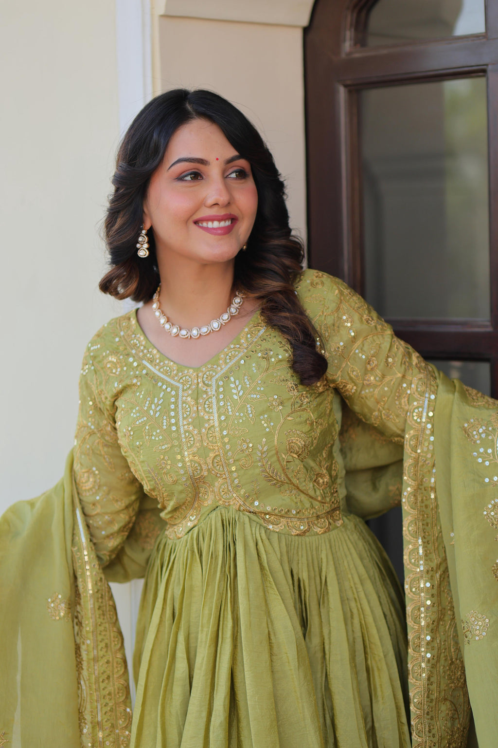 Vedant Vastram Russian Silk Embroidery & Sequence Work Stitched Ethnic Gown-Pista - Distacart