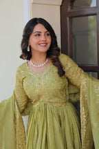 Vedant Vastram Russian Silk Embroidery & Sequence Work Stitched Ethnic Gown-Pista - Distacart