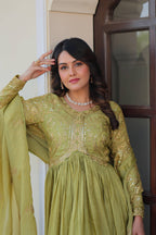 Vedant Vastram Russian Silk Embroidery & Sequence Work Stitched Ethnic Gown-Pista - Distacart