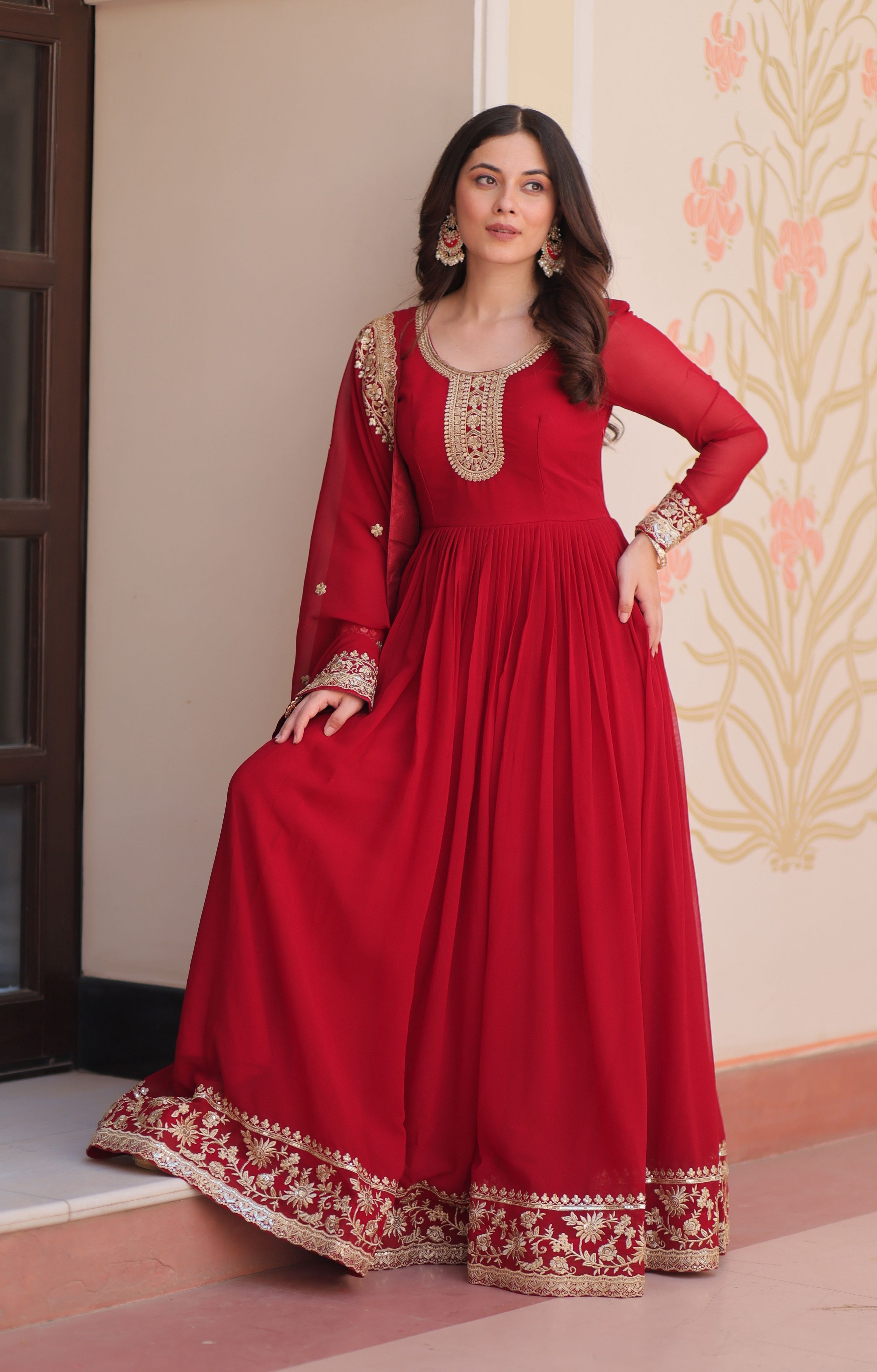 Vedant Vastram Georgette Embroidery & Sequence Work Stitched Ethnic Gown-Maroon - Distacart