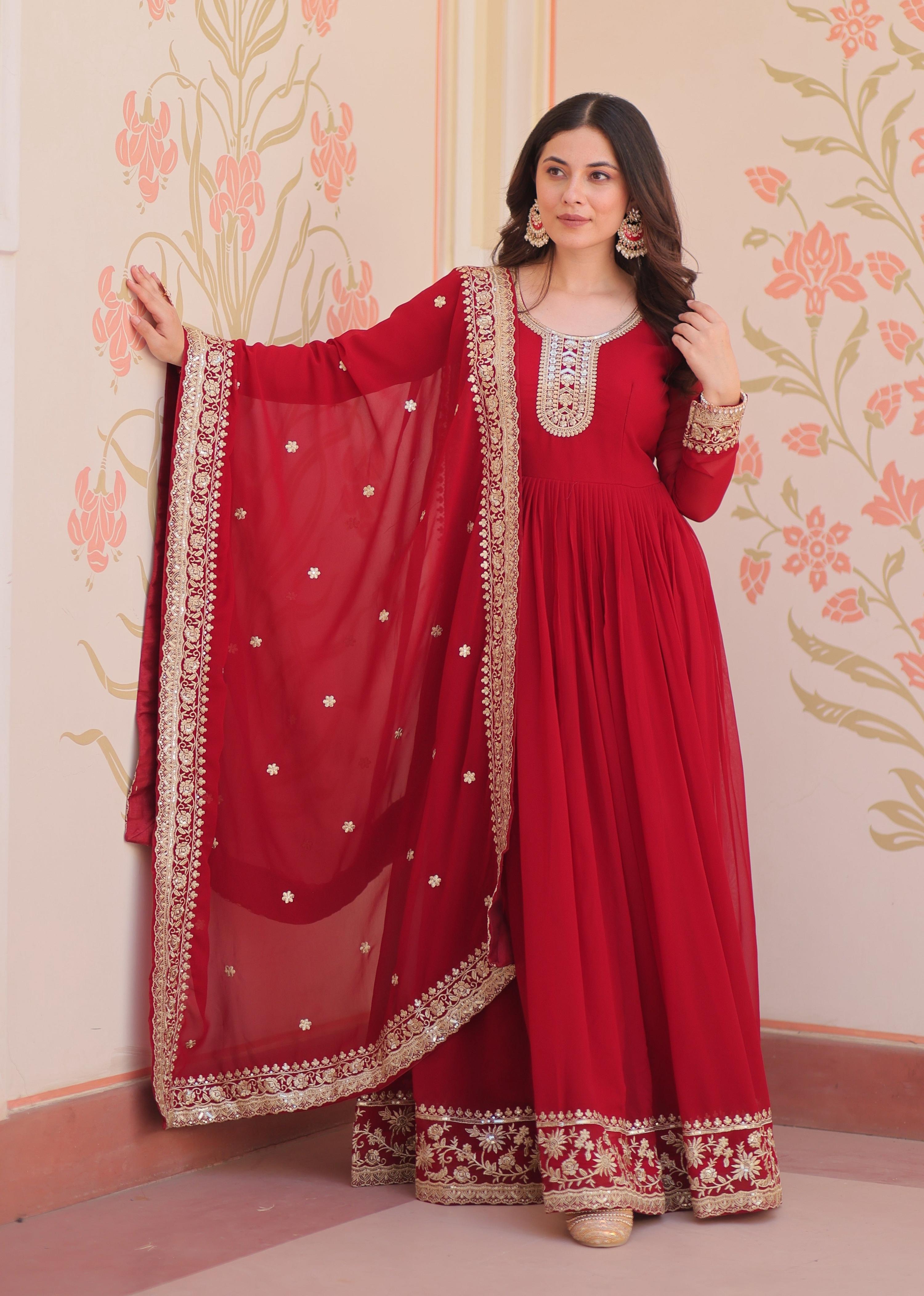 Vedant Vastram Georgette Embroidery & Sequence Work Stitched Ethnic Gown-Maroon - Distacart