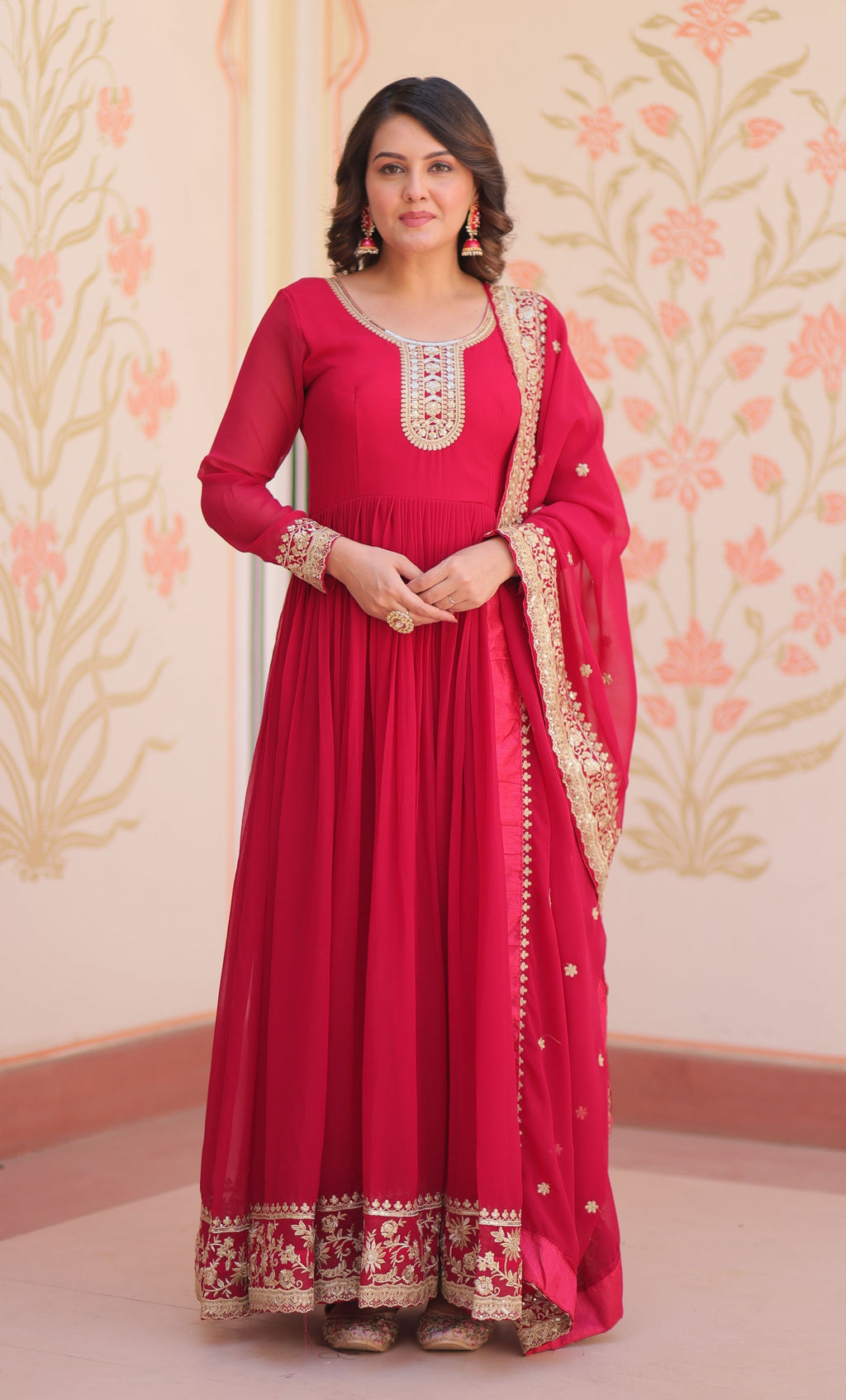 Vedant Vastram Georgette Embroidery & Sequence Work Stitched Ethnic Gown-Pink - Distacart