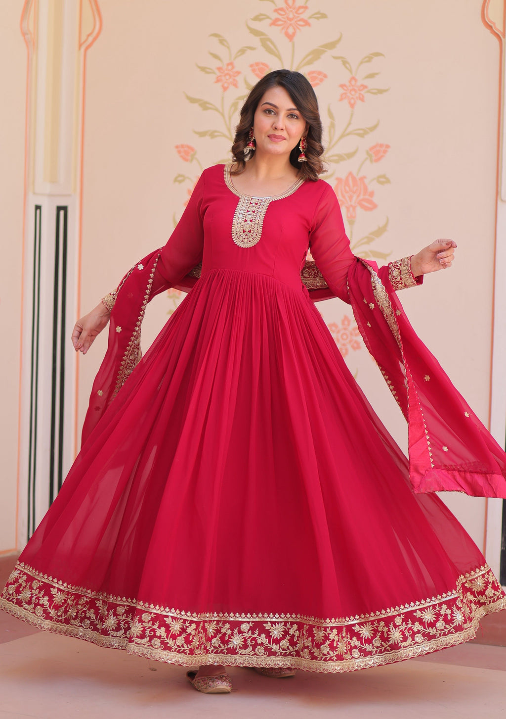 Vedant Vastram Georgette Embroidery & Sequence Work Stitched Ethnic Gown-Pink - Distacart