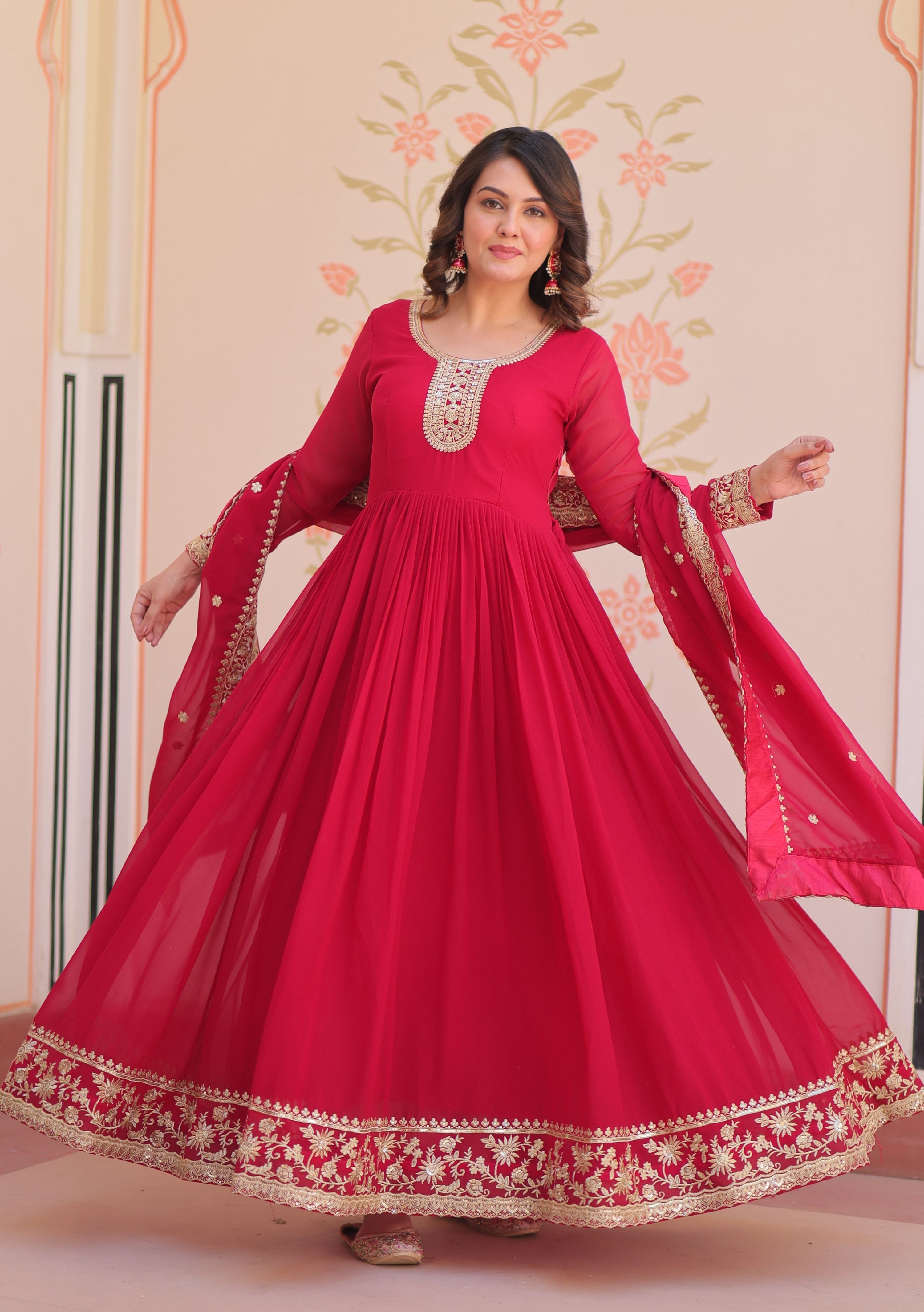 Vedant Vastram Georgette Embroidery & Sequence Work Stitched Ethnic Gown-Pink - Distacart