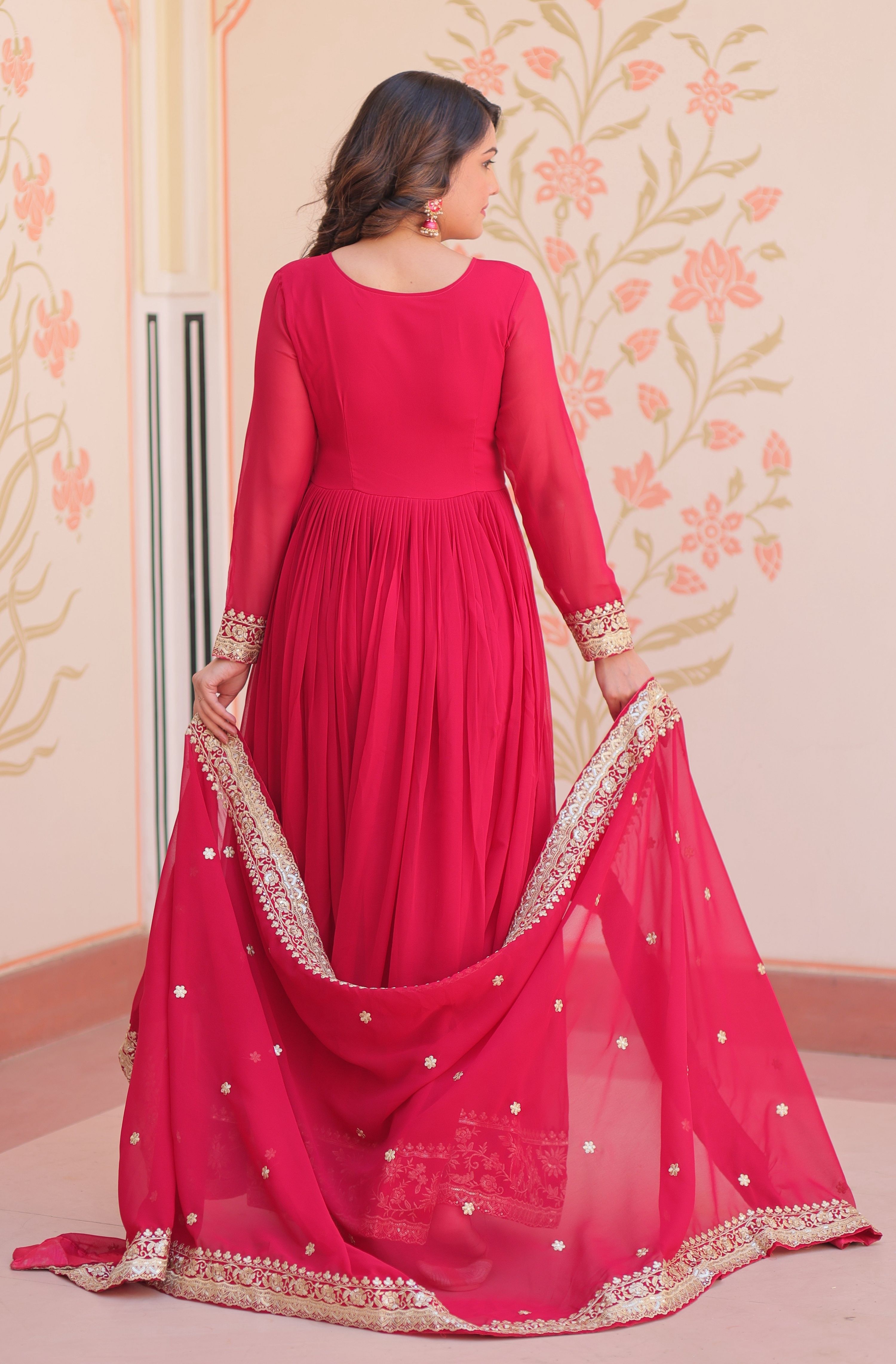 Vedant Vastram Georgette Embroidery & Sequence Work Stitched Ethnic Gown-Pink - Distacart