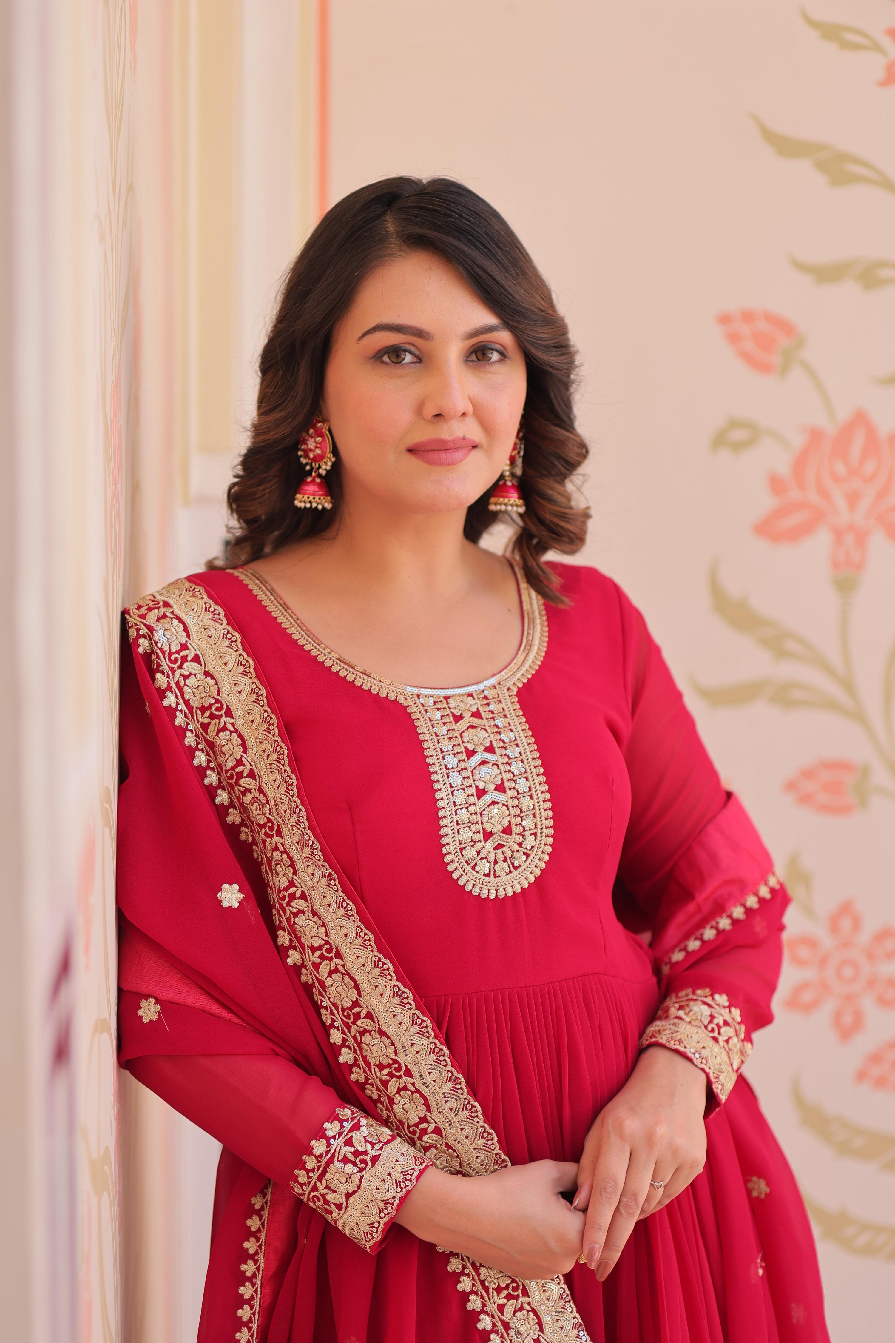 Vedant Vastram Georgette Embroidery & Sequence Work Stitched Ethnic Gown-Pink - Distacart