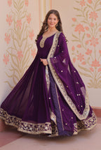 Vedant Vastram Georgette Embroidery & Sequence Work Stitched Ethnic Gown-Purple - Distacart
