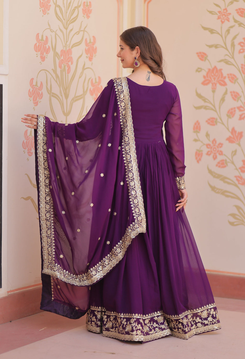 Vedant Vastram Georgette Embroidery & Sequence Work Stitched Ethnic Gown-Purple - Distacart