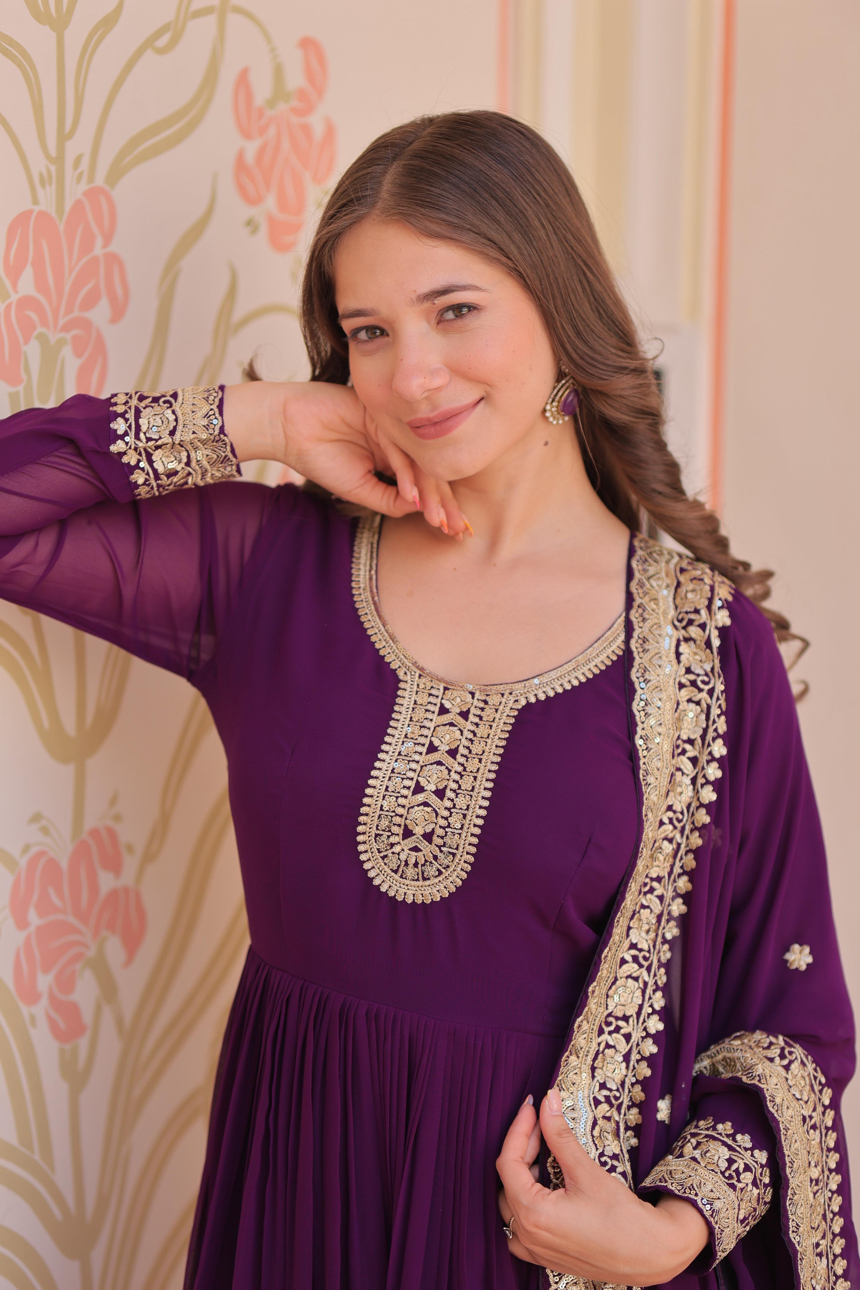 Vedant Vastram Georgette Embroidery & Sequence Work Stitched Ethnic Gown-Purple - Distacart