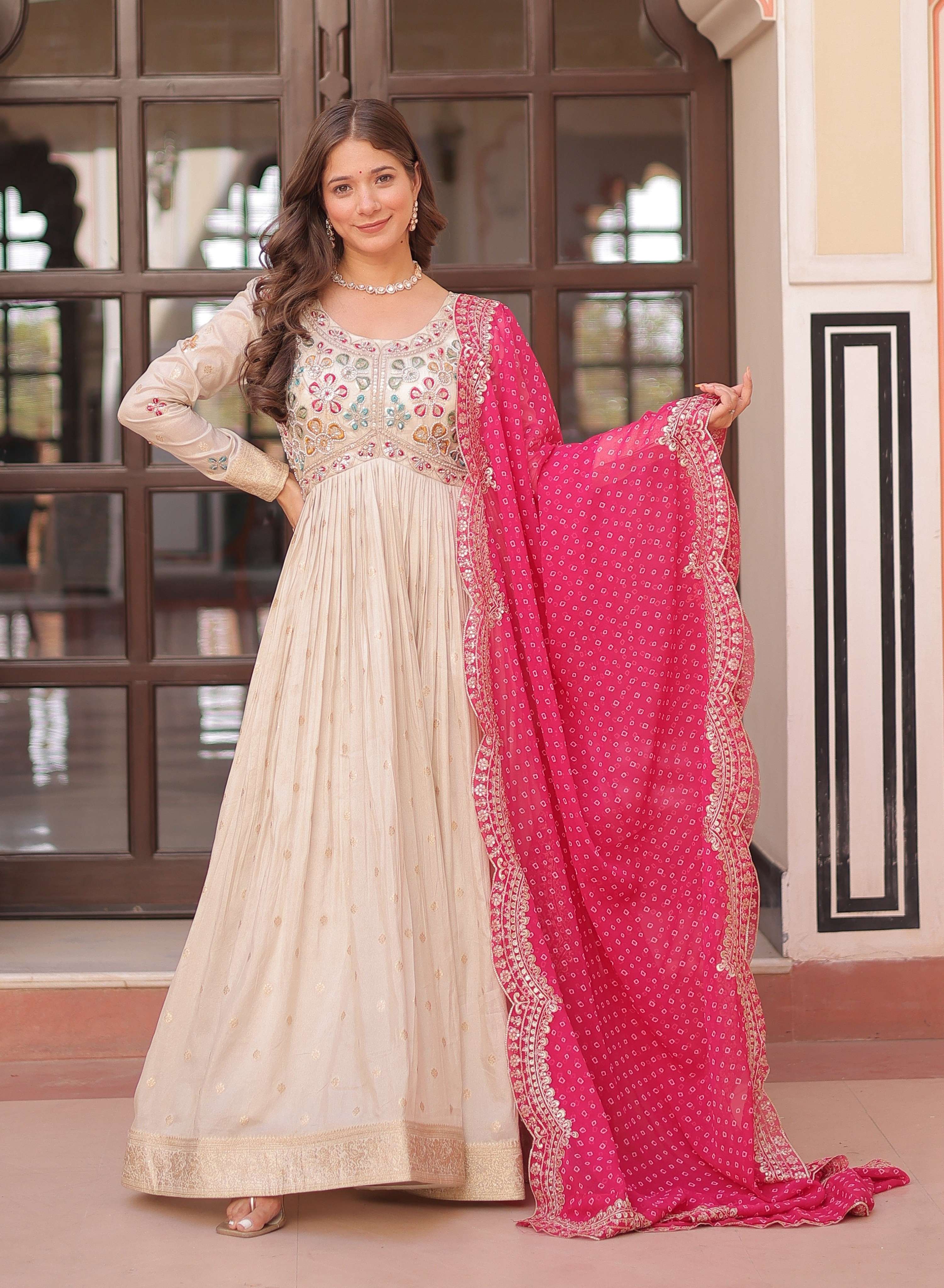 Vedant Vastram Russian Silk Embroidery & Sequence Work Stitched Ethnic Gown-Pink - Distacart