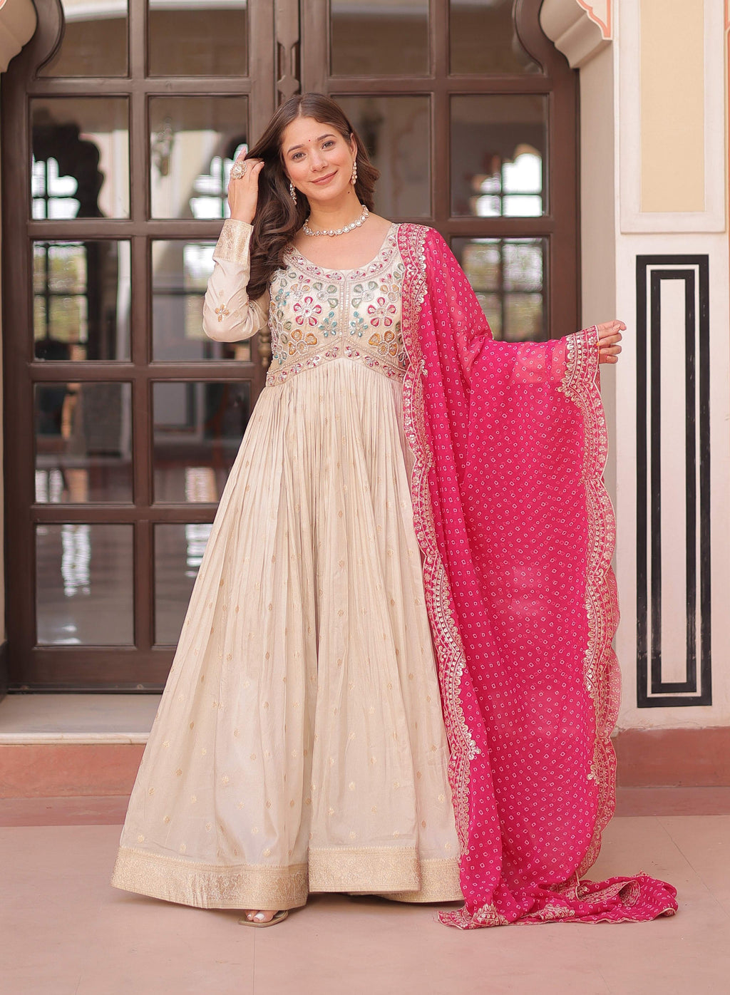 Vedant Vastram Russian Silk Embroidery & Sequence Work Stitched Ethnic Gown-Pink - Distacart