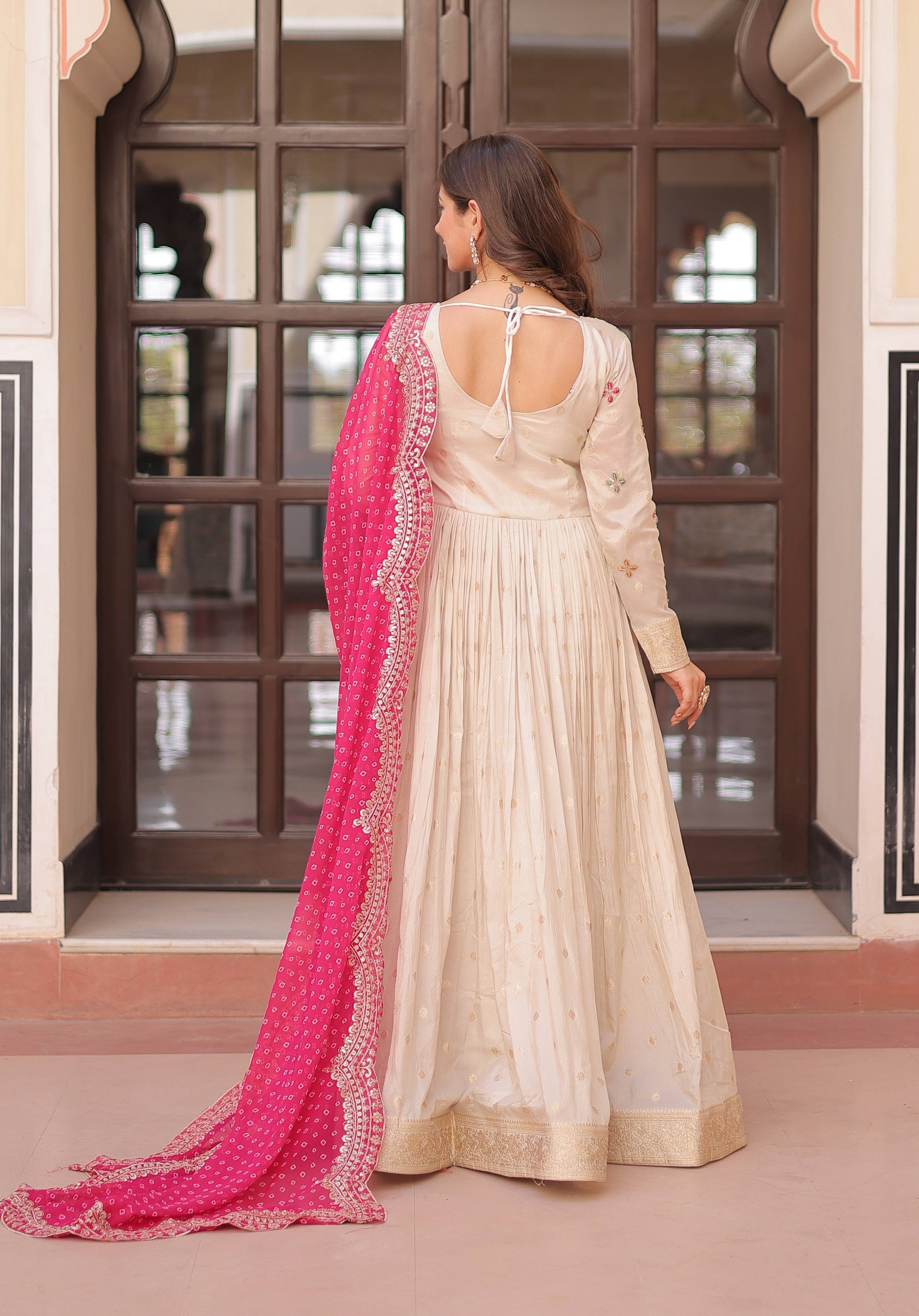 Vedant Vastram Russian Silk Embroidery & Sequence Work Stitched Ethnic Gown-Pink - Distacart