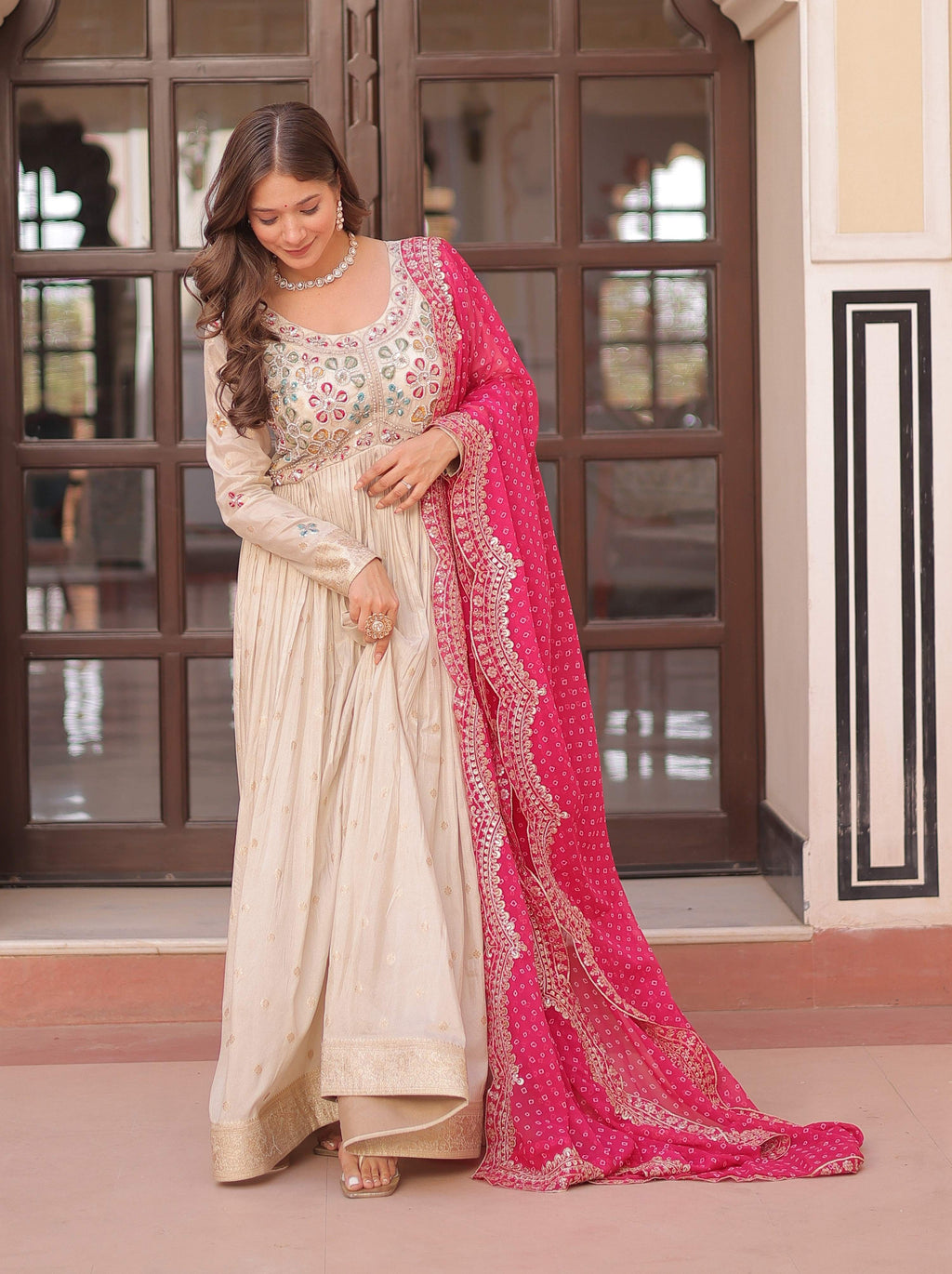 Vedant Vastram Russian Silk Embroidery & Sequence Work Stitched Ethnic Gown-Pink - Distacart