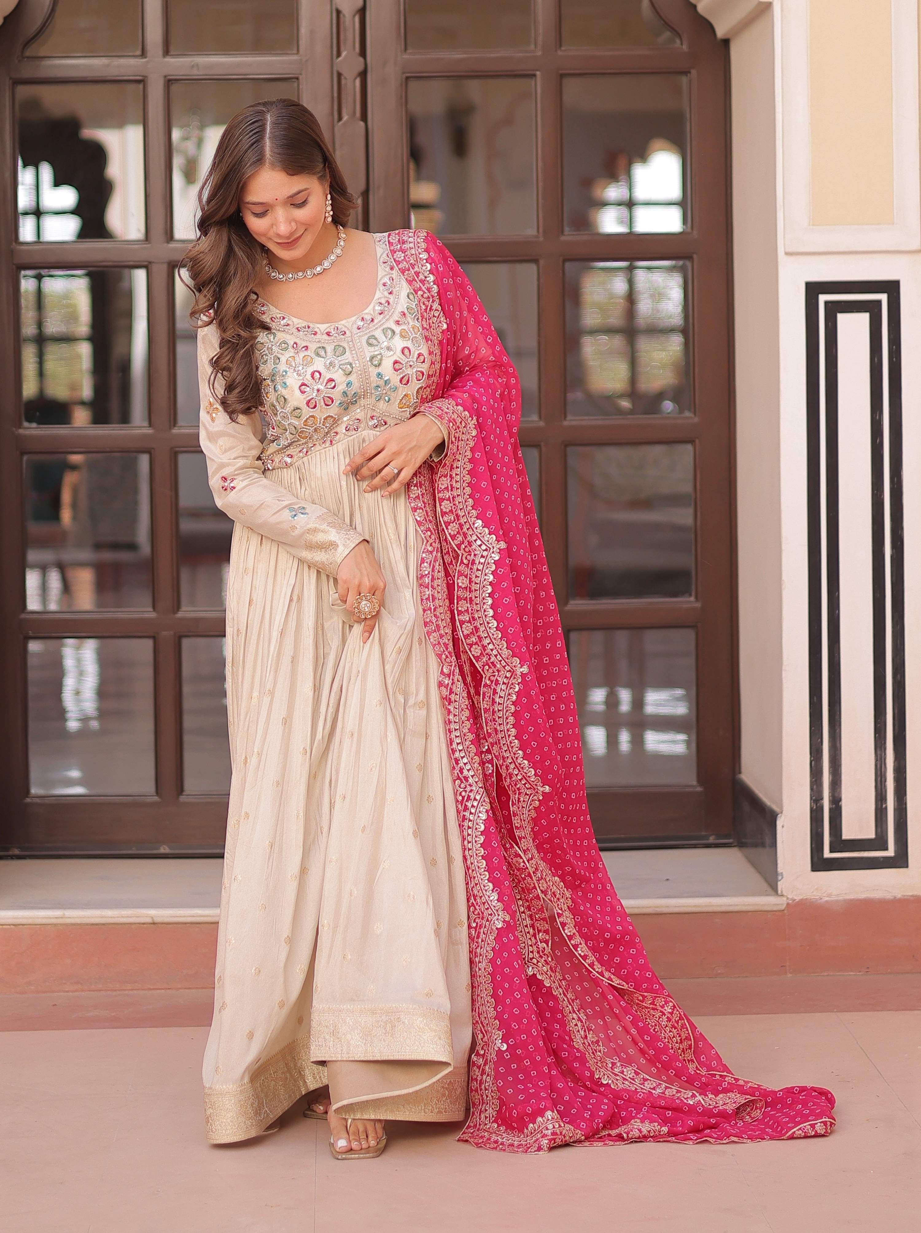 Vedant Vastram Russian Silk Embroidery & Sequence Work Stitched Ethnic Gown-Pink - Distacart