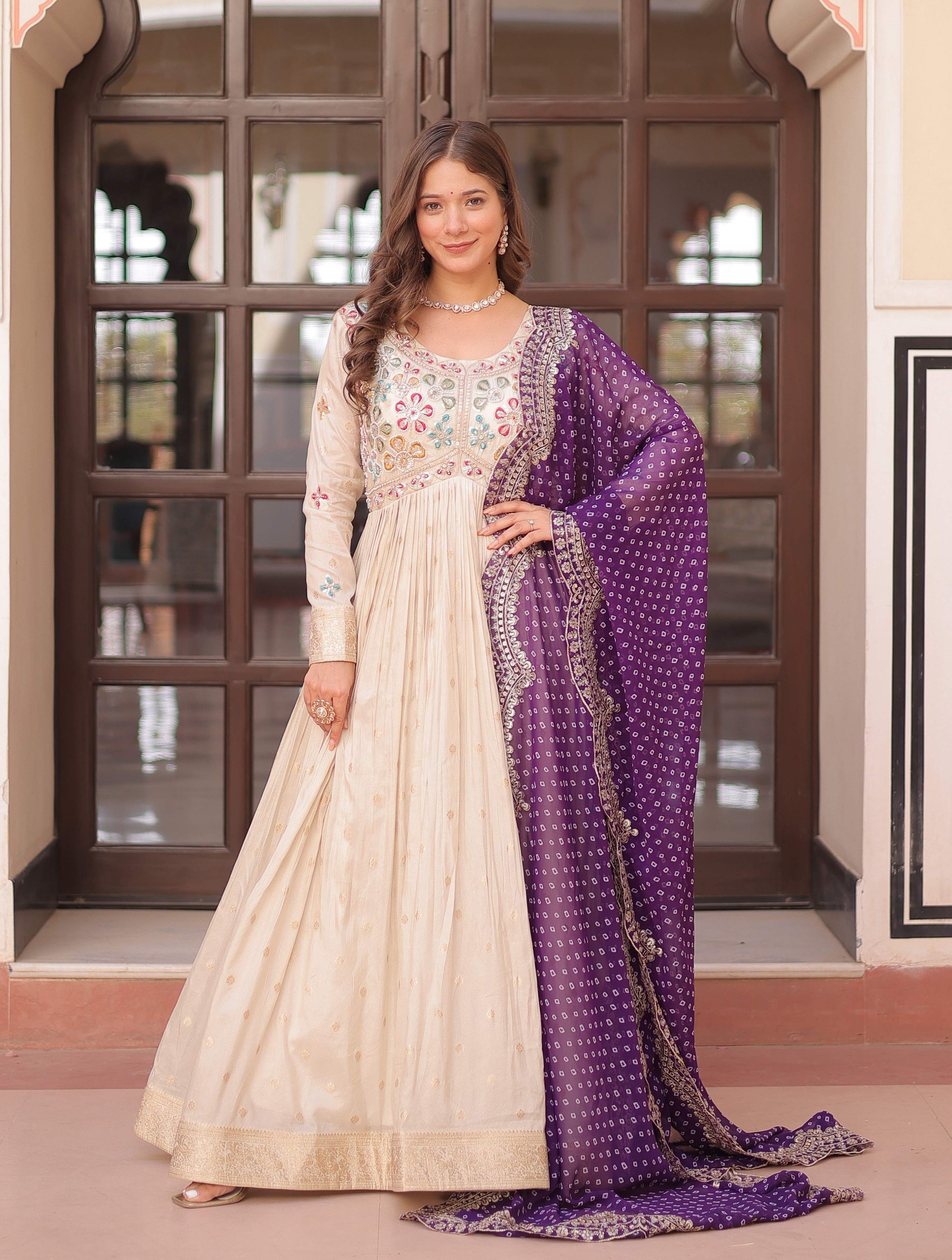Vedant Vastram Russian Silk Embroidery & Sequence Work Stitched Ethnic Gown-Purple - Distacart