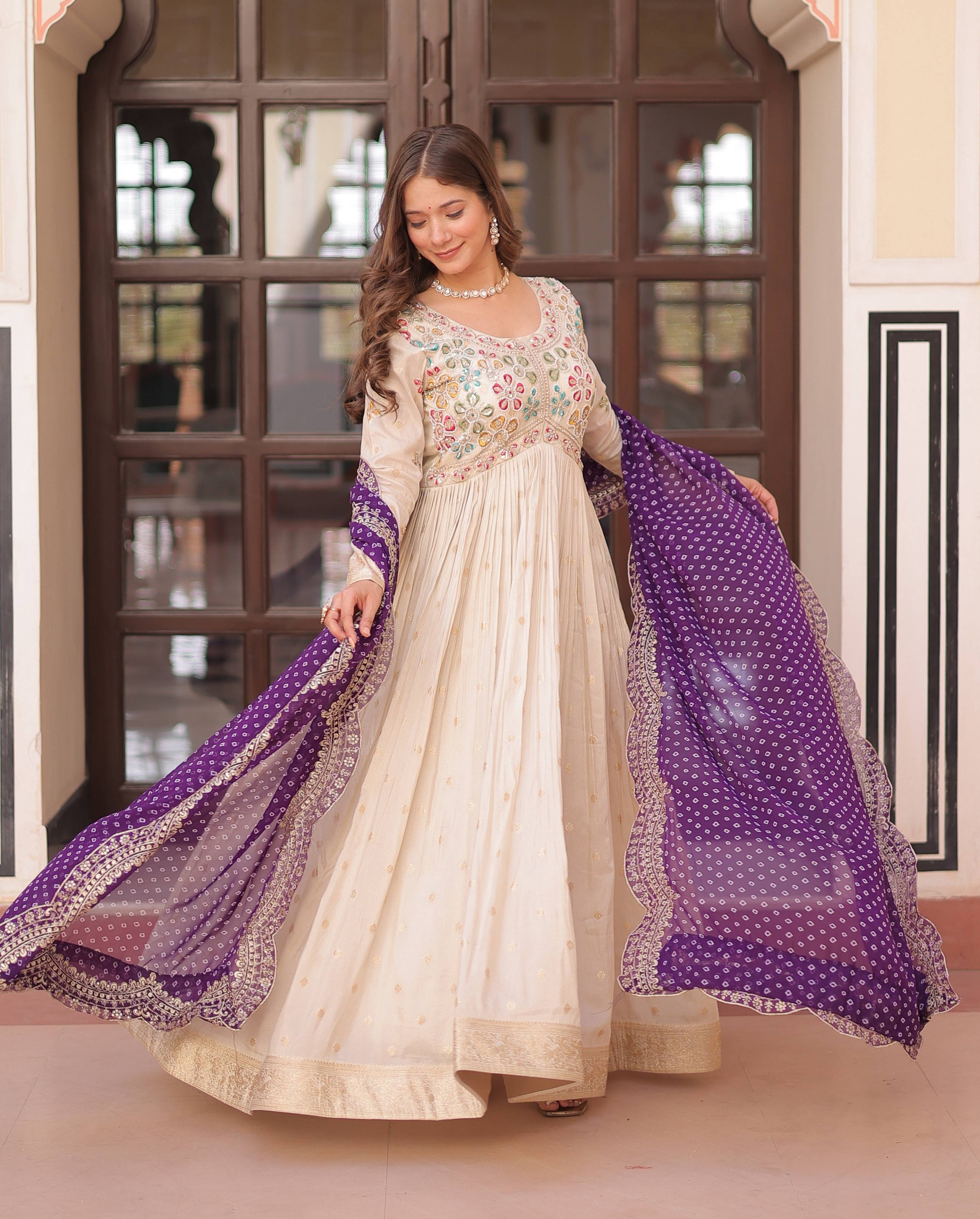 Vedant Vastram Russian Silk Embroidery & Sequence Work Stitched Ethnic Gown-Purple - Distacart