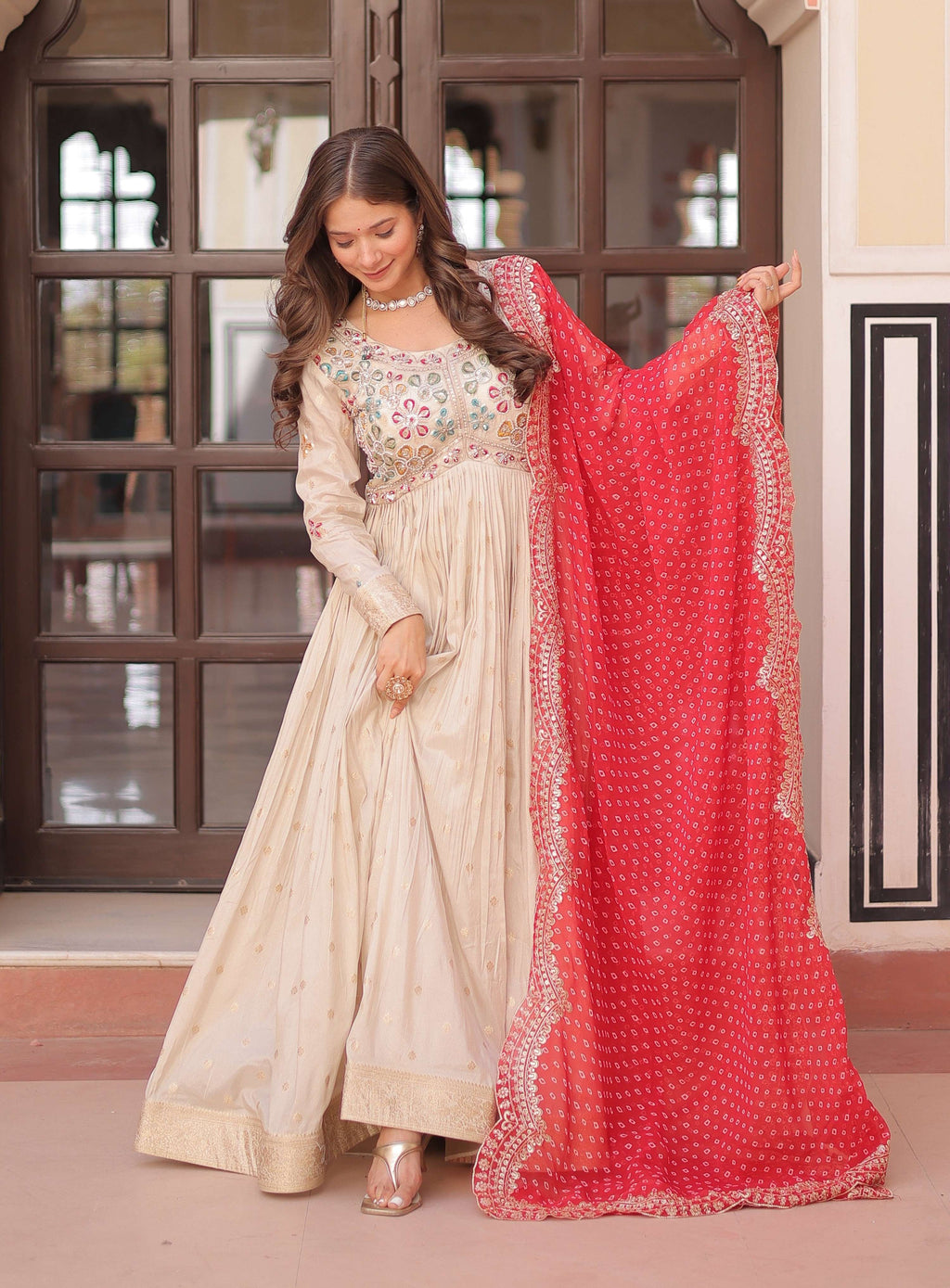 Vedant Vastram Russian Silk Embroidery & Sequence Work Stitched Ethnic Gown-Red - Distacart