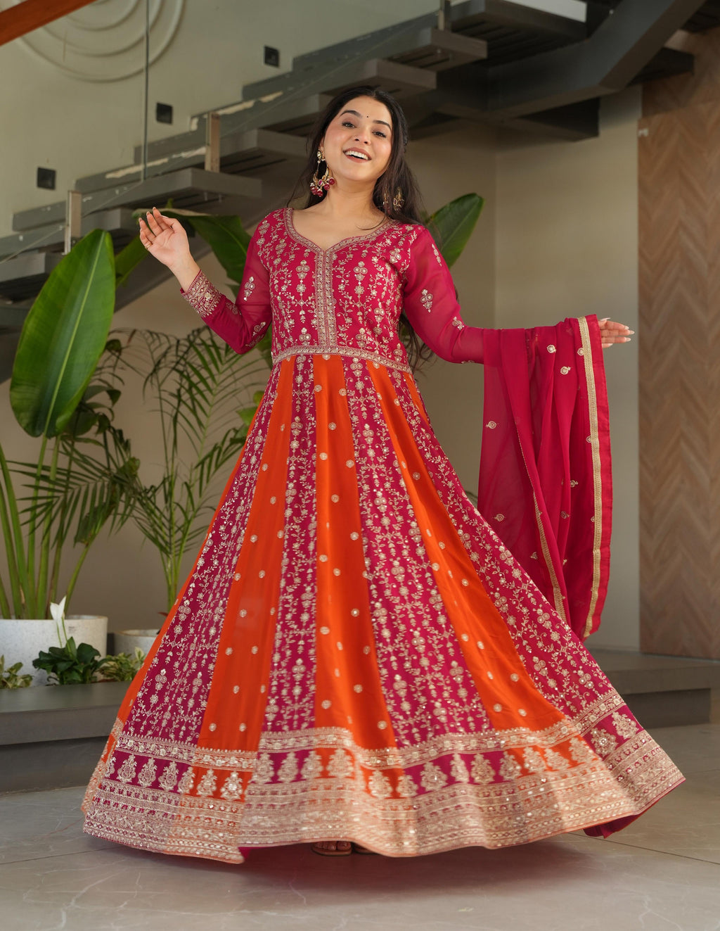 Vedant Vastram Georgette Embroidery & Sequence Work Stitched Ethnic Gown-Pink - Distacart