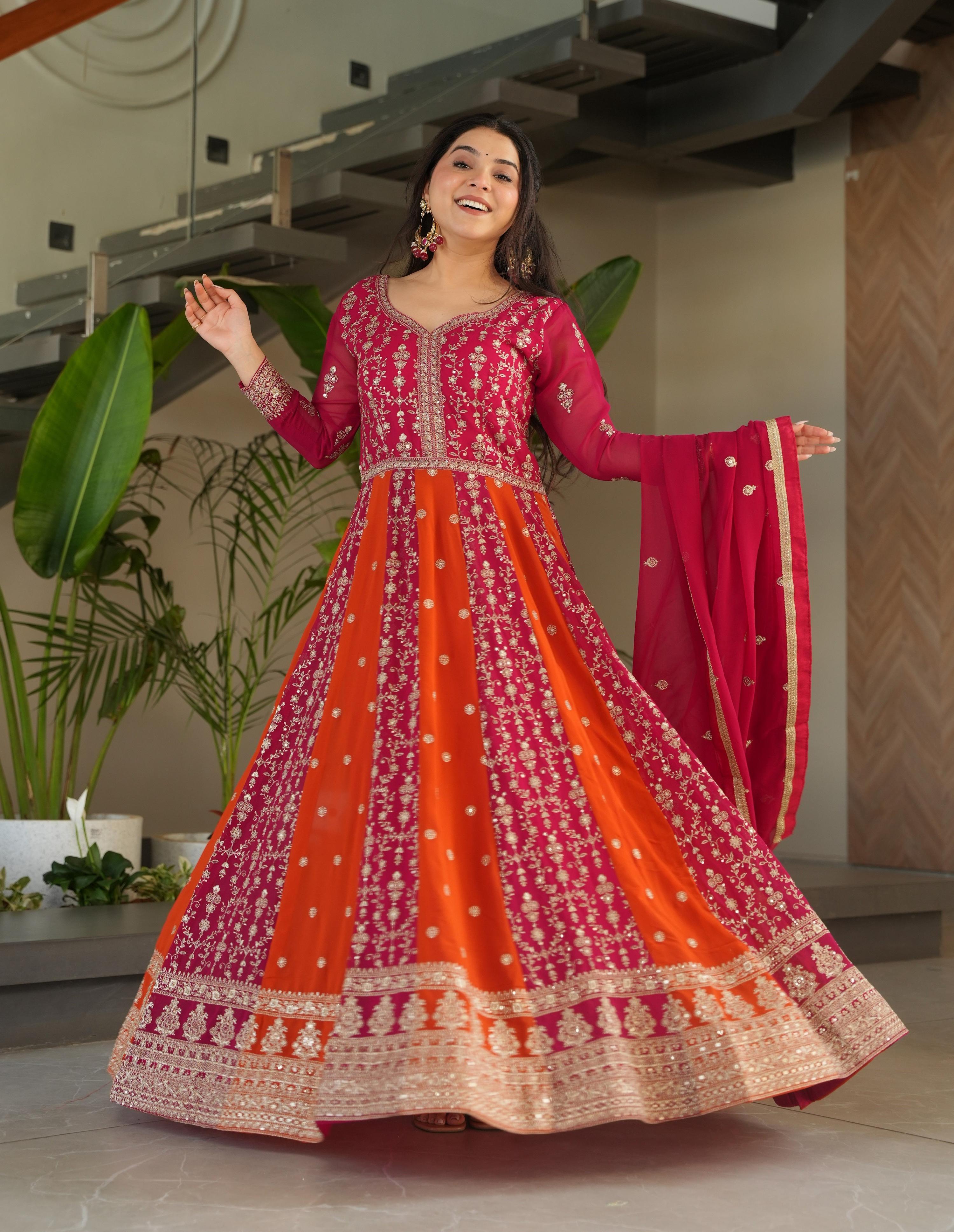 Vedant Vastram Georgette Embroidery & Sequence Work Stitched Ethnic Gown-Pink - Distacart
