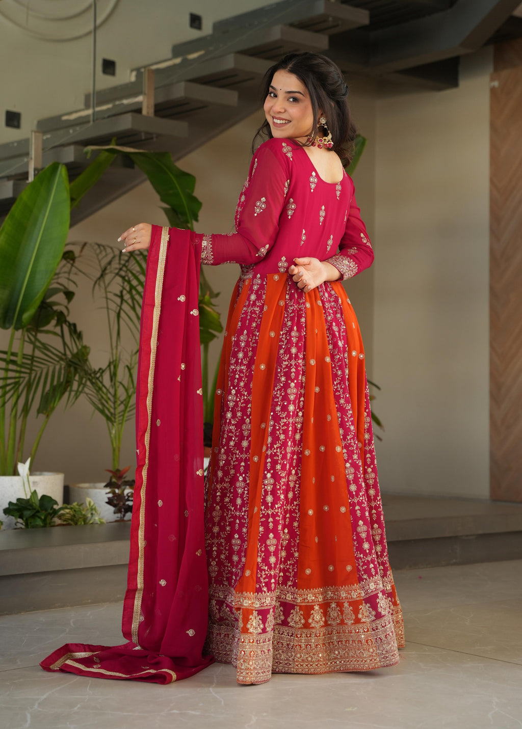 Vedant Vastram Georgette Embroidery & Sequence Work Stitched Ethnic Gown-Pink - Distacart