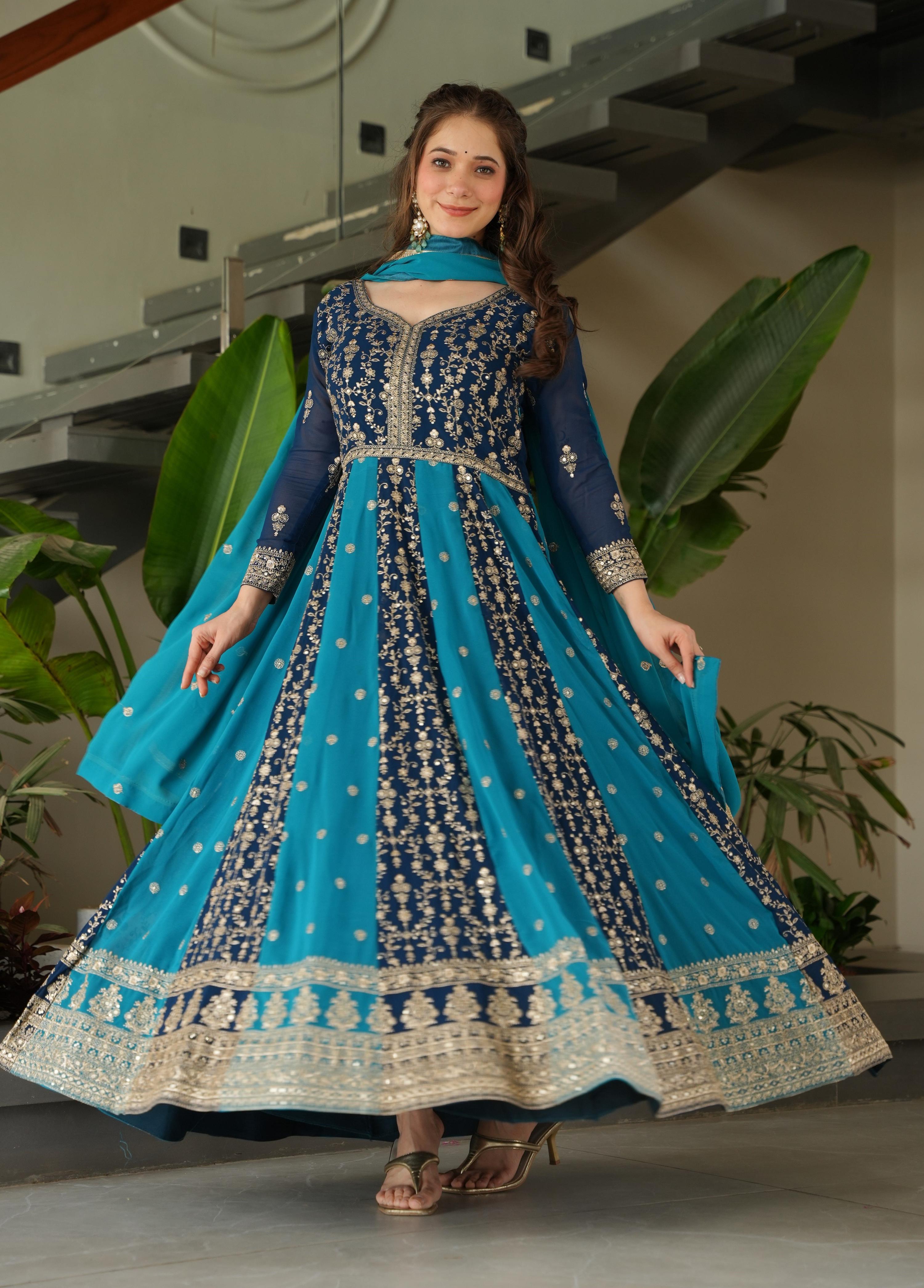 Vedant Vastram Georgette Embroidery & Sequence Work Stitched Ethnic Gown-Rama - Distacart