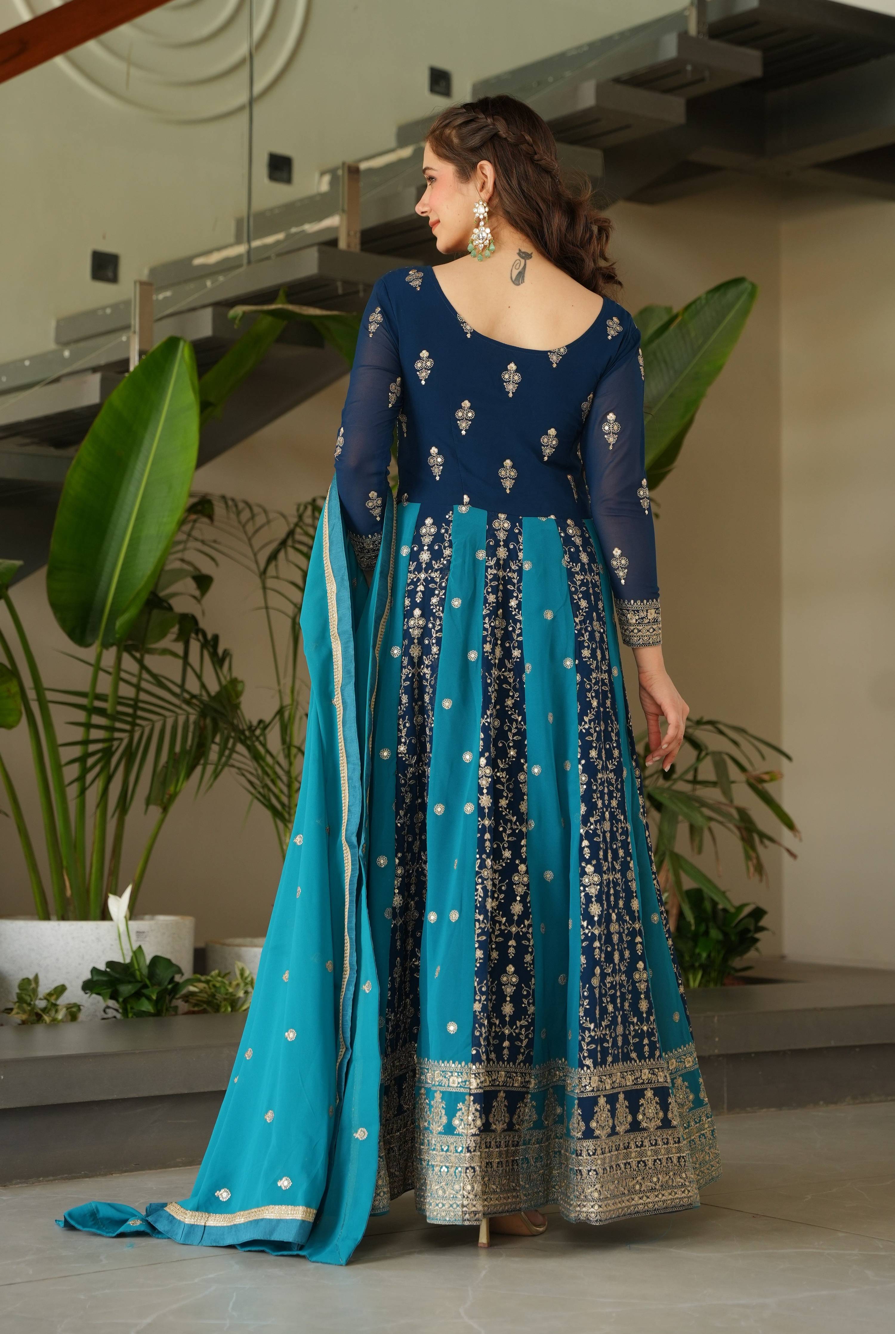 Vedant Vastram Georgette Embroidery & Sequence Work Stitched Ethnic Gown-Rama - Distacart