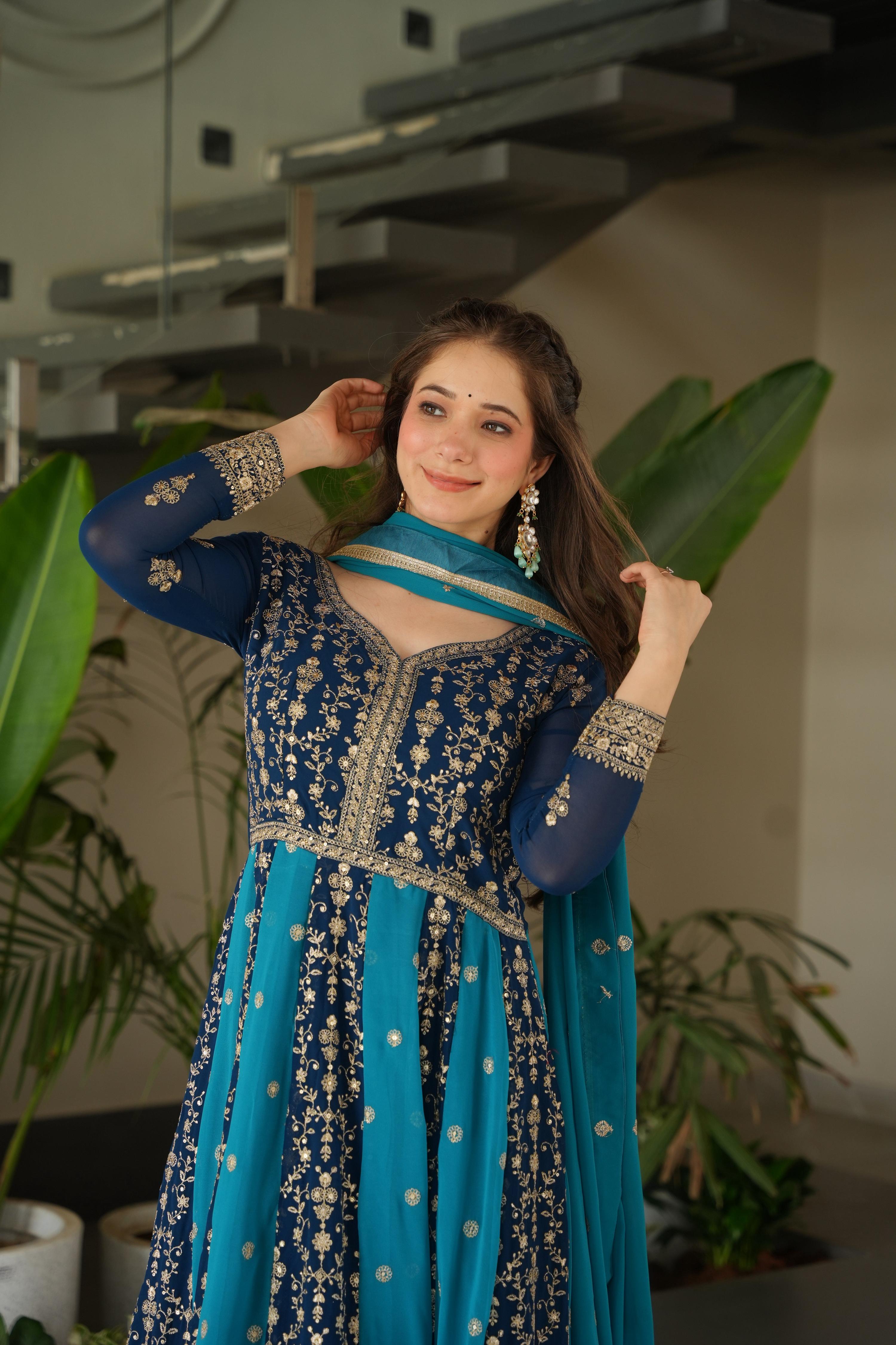 Vedant Vastram Georgette Embroidery & Sequence Work Stitched Ethnic Gown-Rama - Distacart
