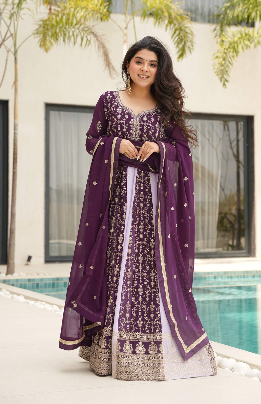 Vedant Vastram Georgette Embroidery & Sequence Work Stitched Ethnic Gown-Wine - Distacart