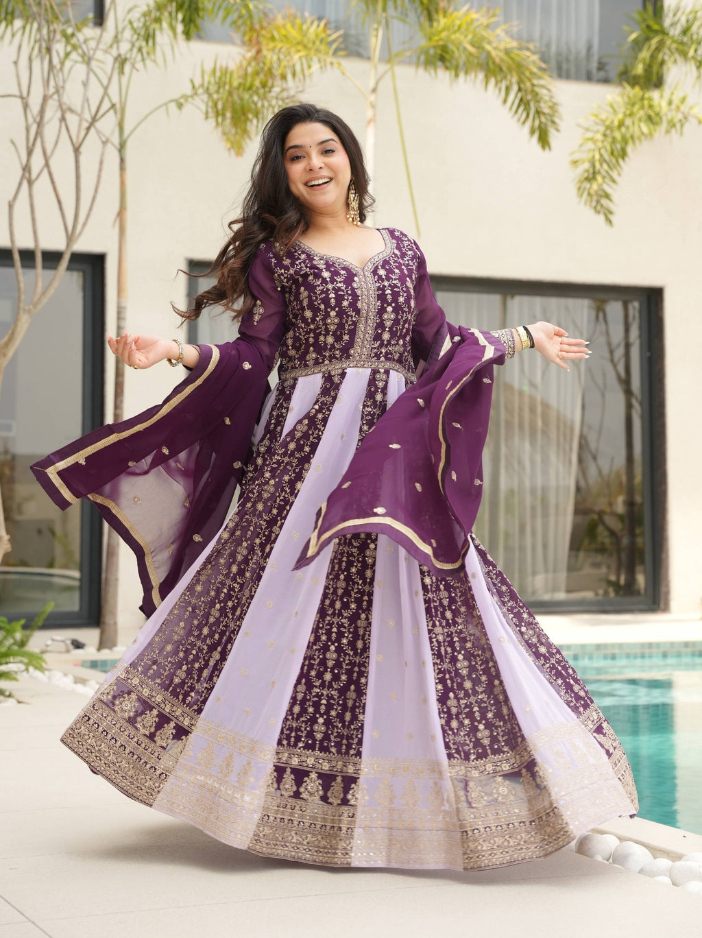 Vedant Vastram Georgette Embroidery & Sequence Work Stitched Ethnic Gown-Wine - Distacart