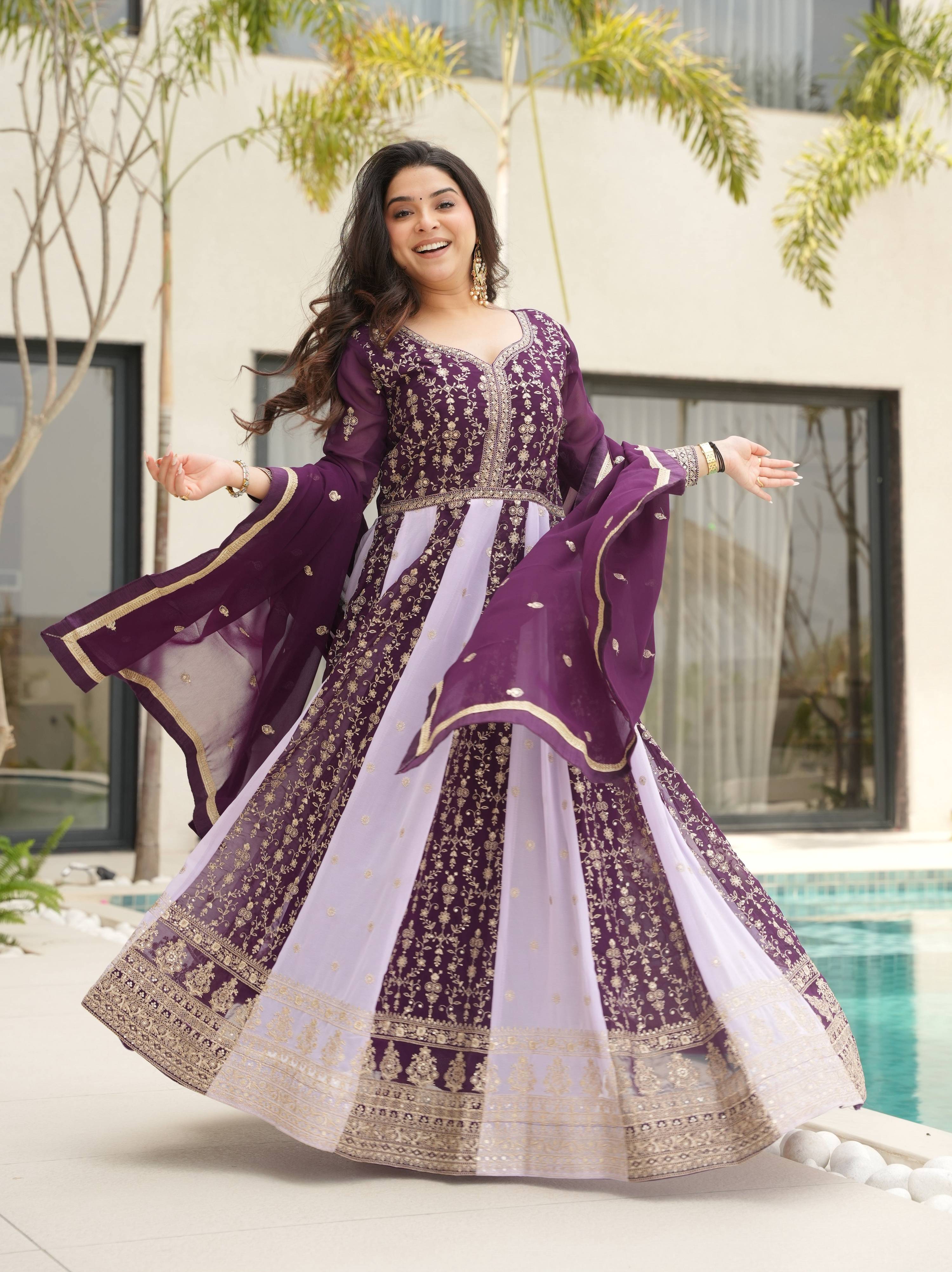 Vedant Vastram Georgette Embroidery & Sequence Work Stitched Ethnic Gown-Wine - Distacart