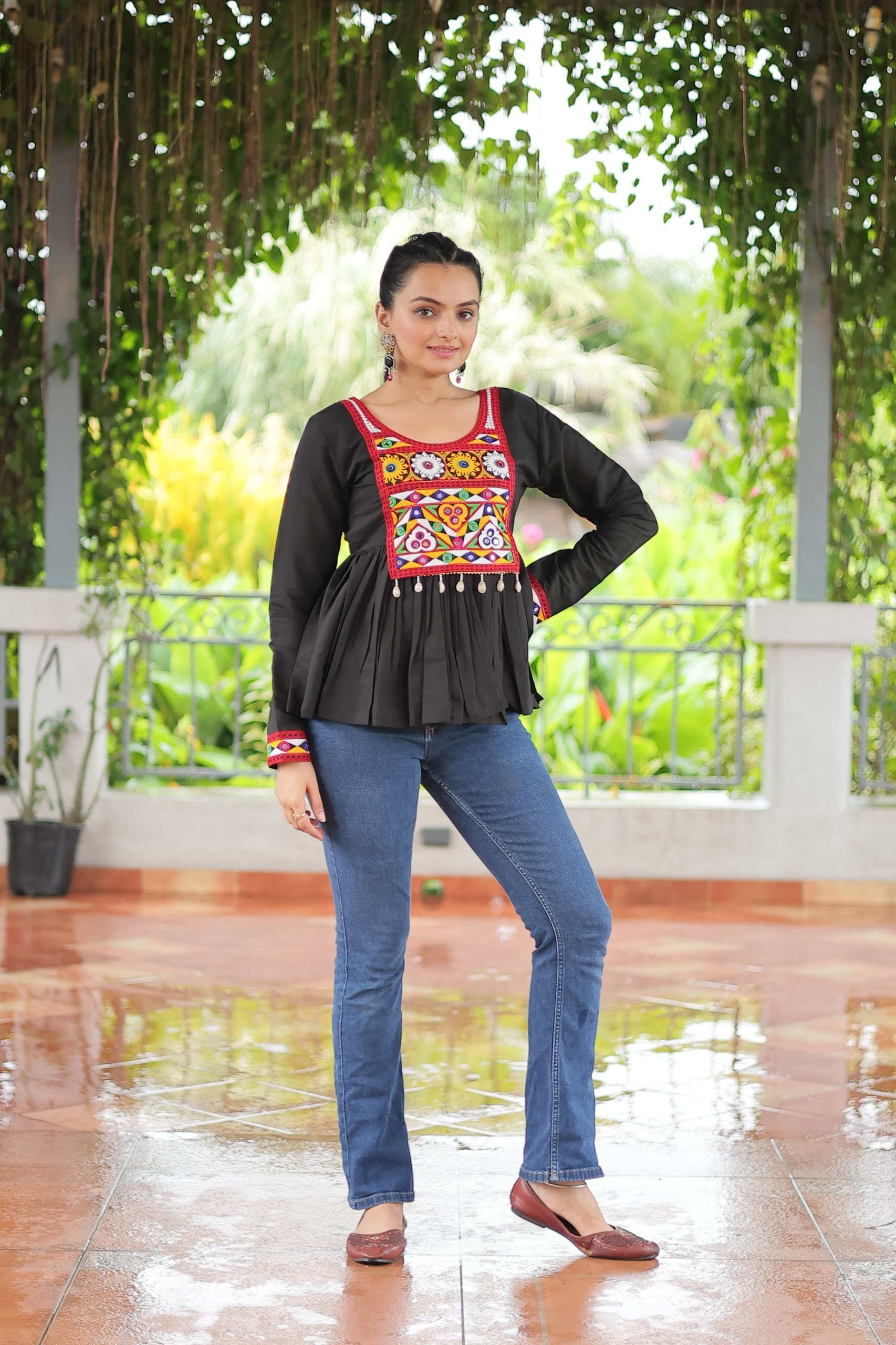 Prazu Fashion Black Roman Silk With Kutchi Gamthi Work Navaratri Top