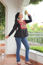 Prazu Fashion Black Roman Silk With Kutchi Gamthi Work Navaratri Top
