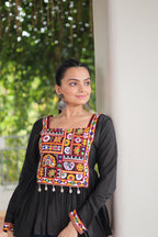 Prazu Fashion Black Roman Silk With Kutchi Gamthi Work Navaratri Top