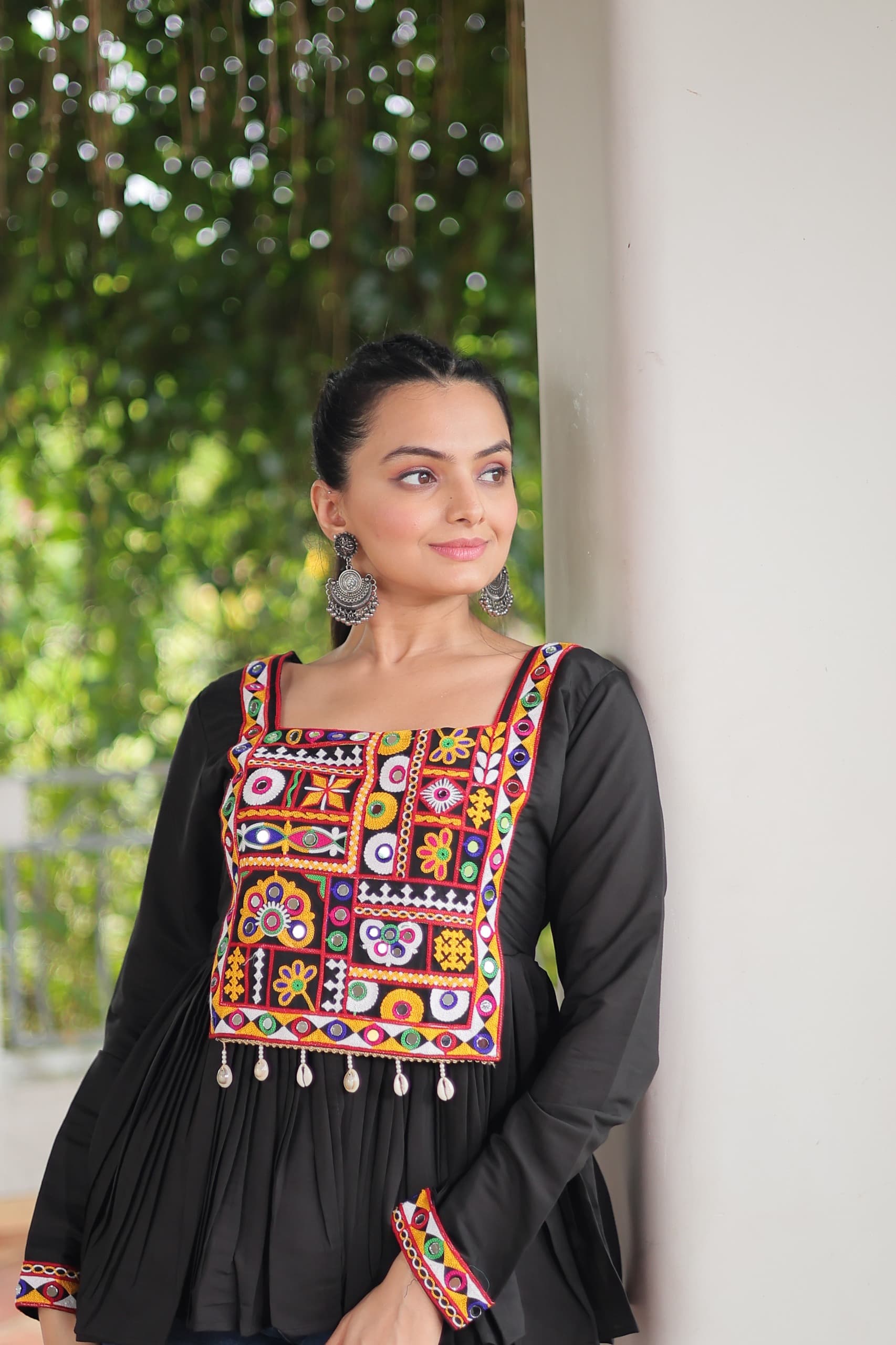 Prazu Fashion Black Roman Silk With Kutchi Gamthi Work Navaratri Top