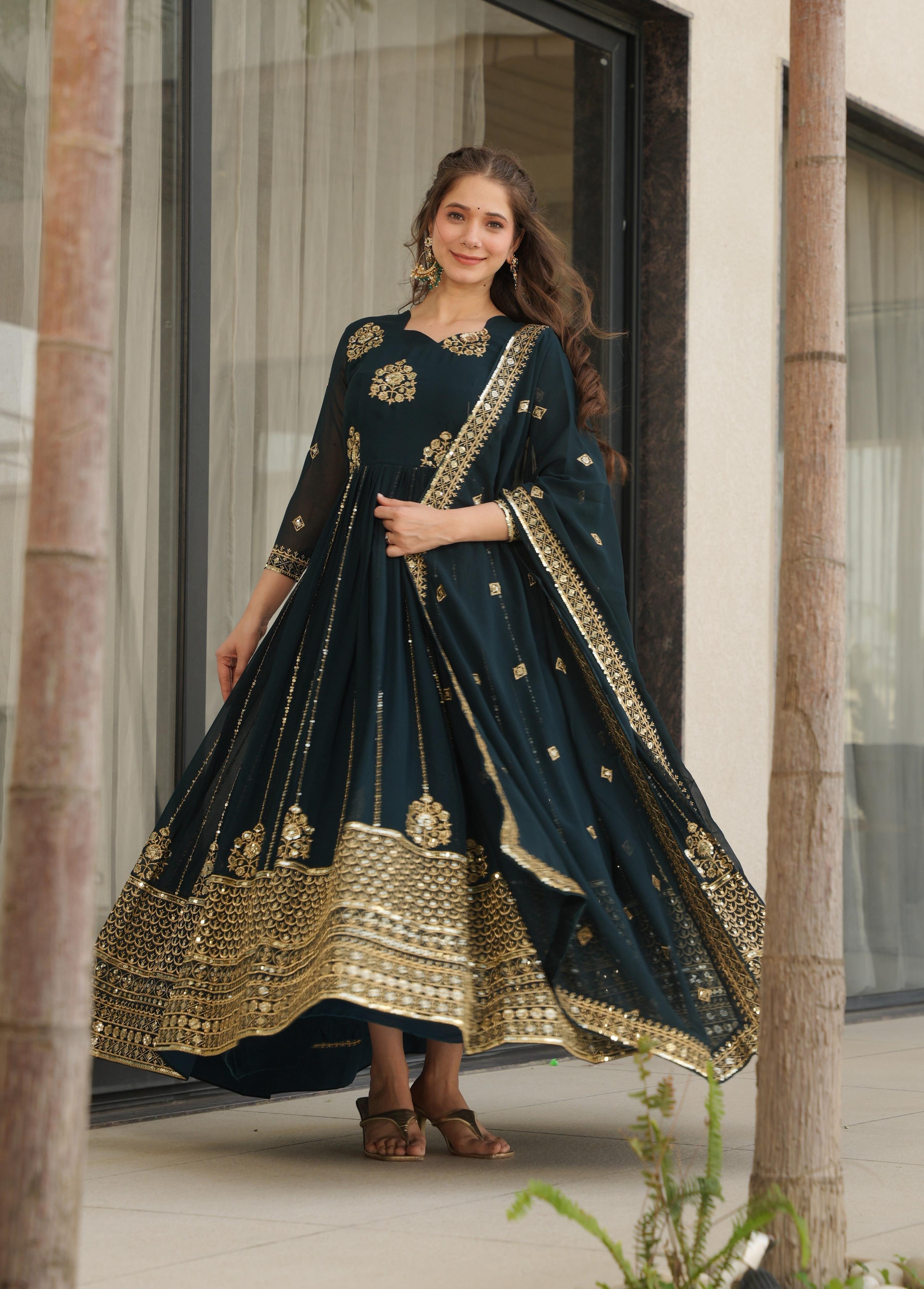 Vedant Vastram Georgette Embroidery & Sequence Work Stitched Ethnic Gown-Rama - Distacart
